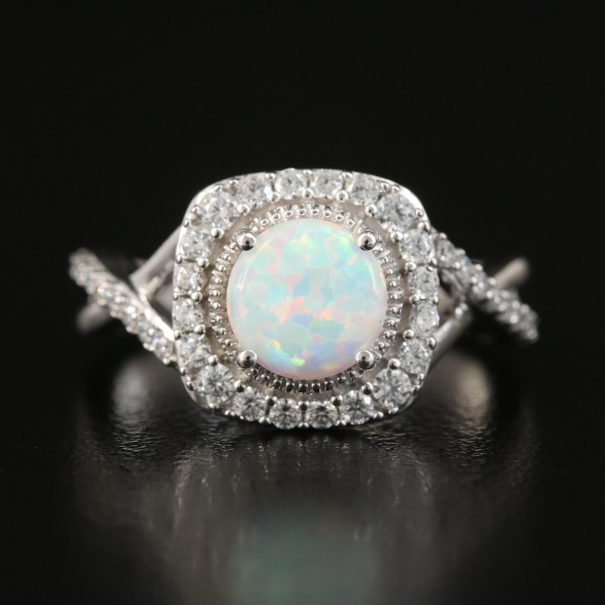 Sterling Opal and Cubic Zirconia Ring with Crossover Shoulders