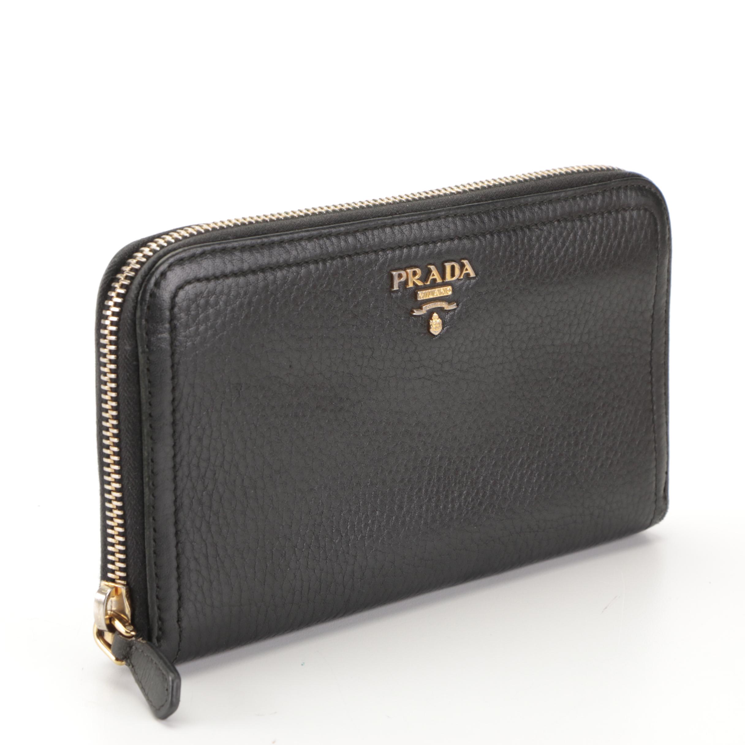 Prada Zip-Around Wallet in Black Deerskin Leather with Box