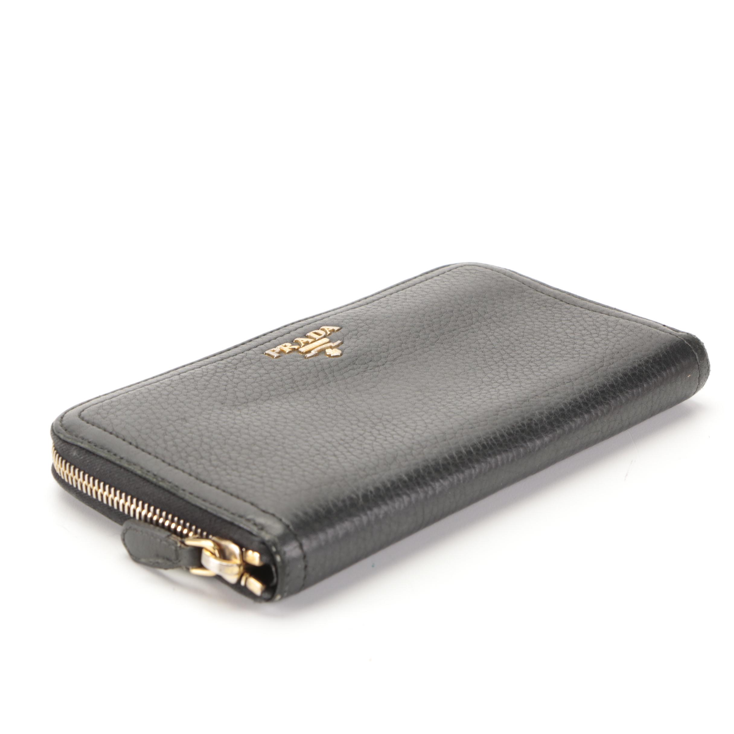 Prada Zip-Around Wallet in Black Deerskin Leather with Box