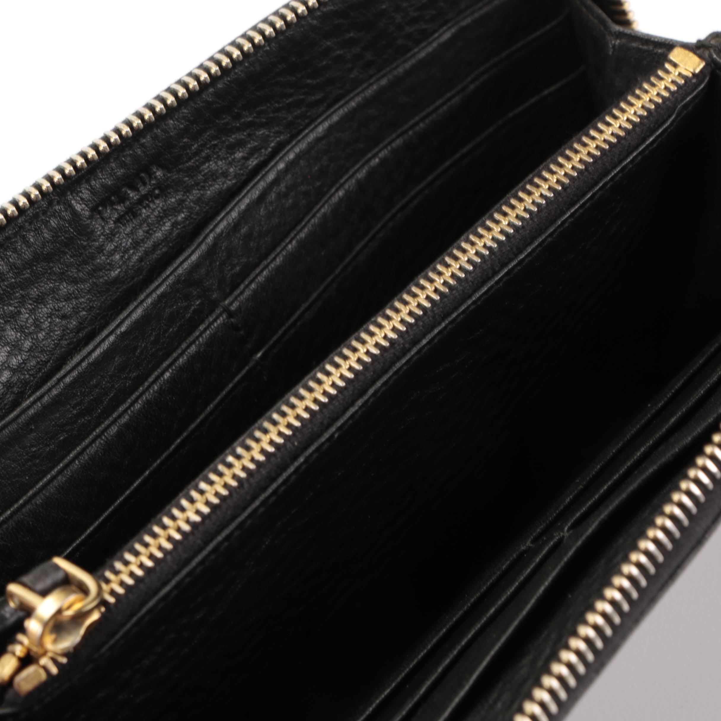 Prada Zip-Around Wallet in Black Deerskin Leather with Box