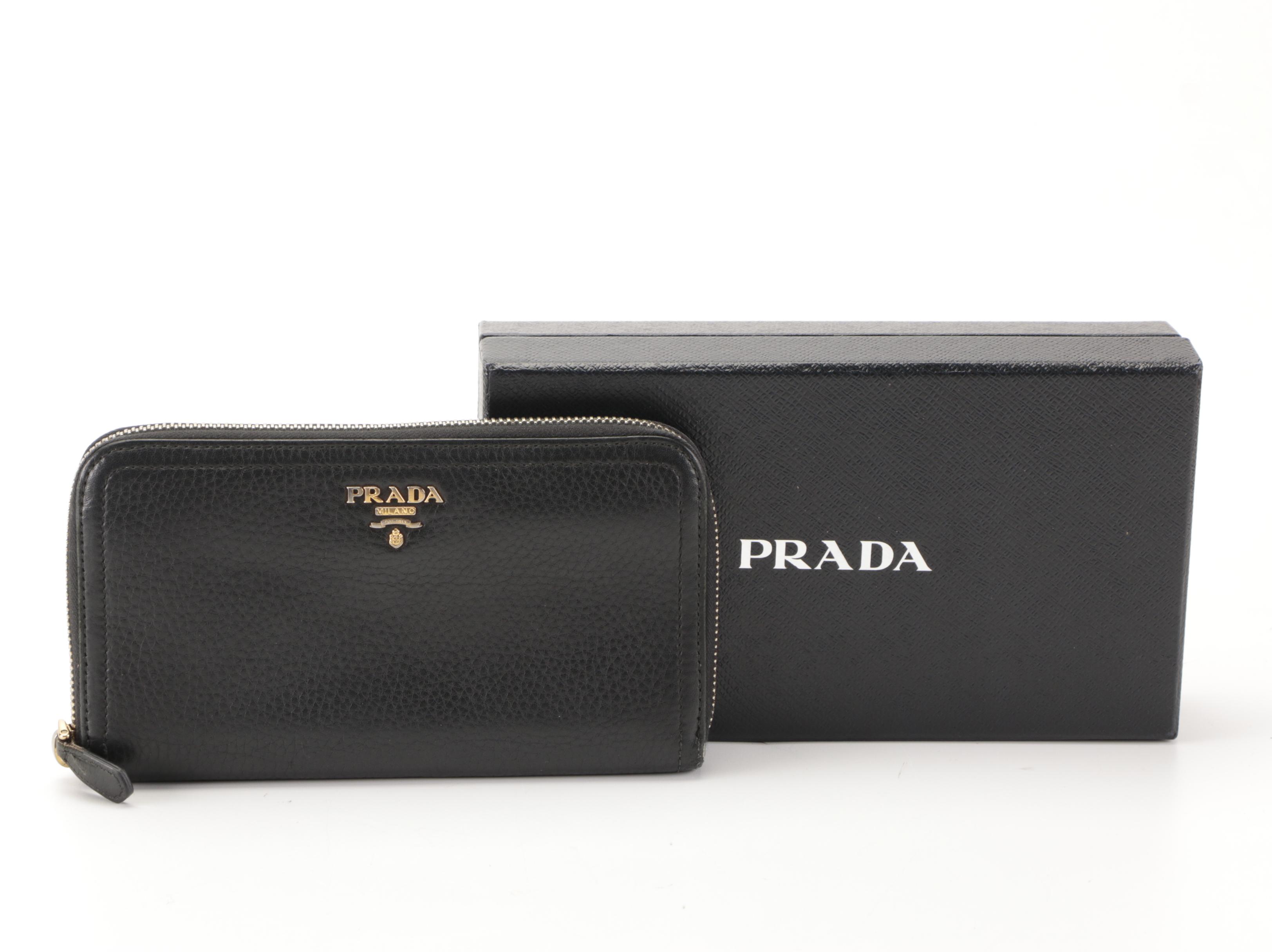 Prada Zip-Around Wallet in Black Deerskin Leather with Box