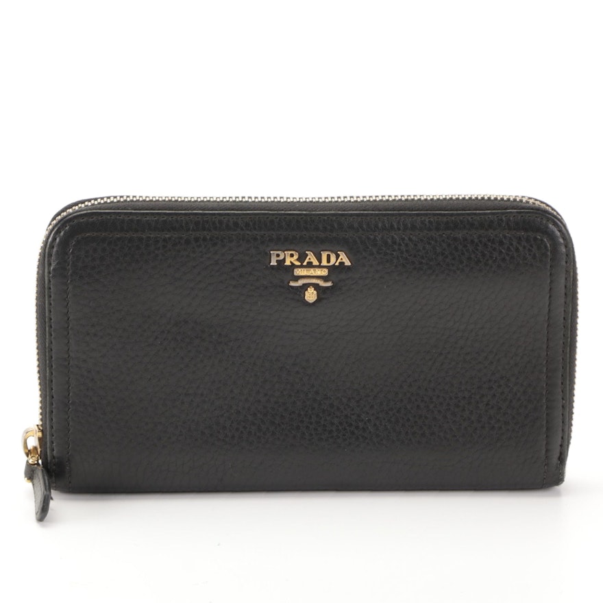 Prada Zip-Around Wallet in Black Deerskin Leather with Box