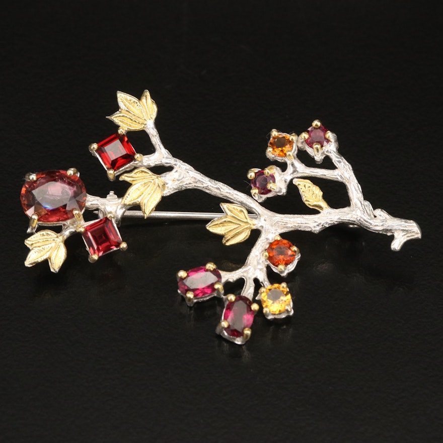 Sterling Tourmaline, Garnet and Citrine Branch and Foliate Brooch