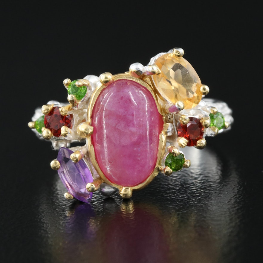 Sterling Corundum, Amethyst and Diopside Ring