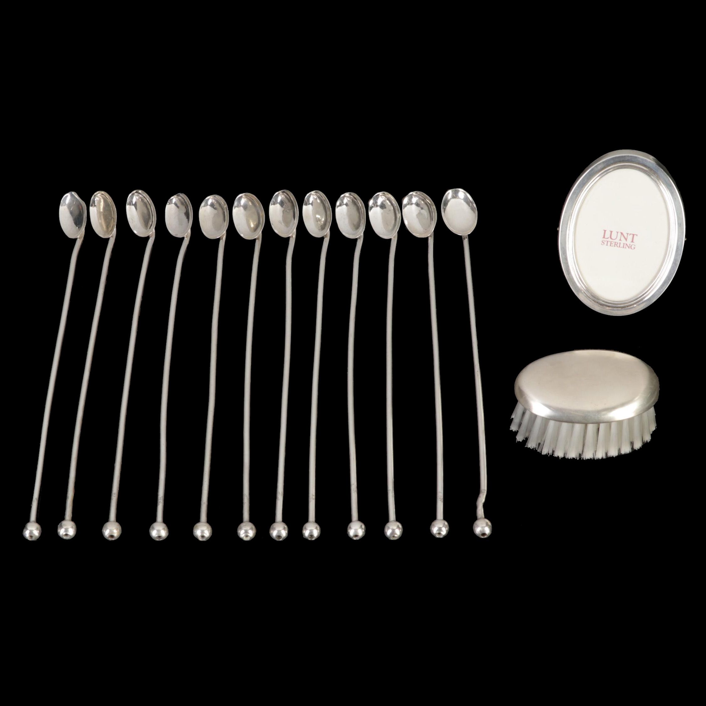 Lunt Sterling Picture Frame With Silver Cocktail Stirring Spoons and Hair Brush