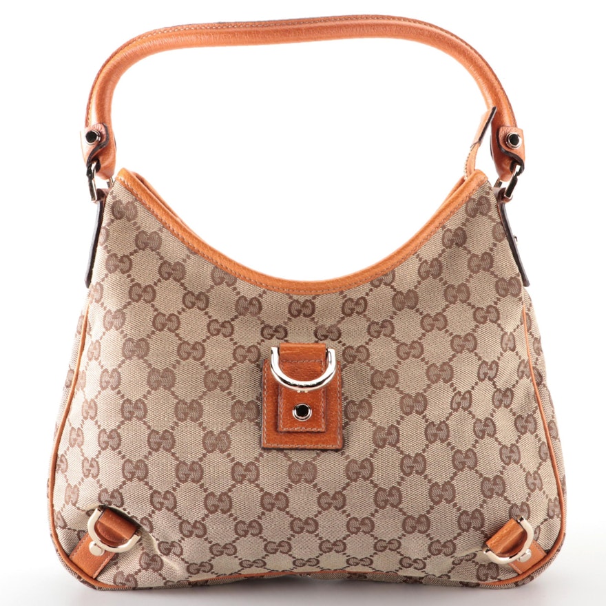 Gucci Abbey D-Ring Hobo Bag in GG Canvas with Orange Cinghiale Leather Trim