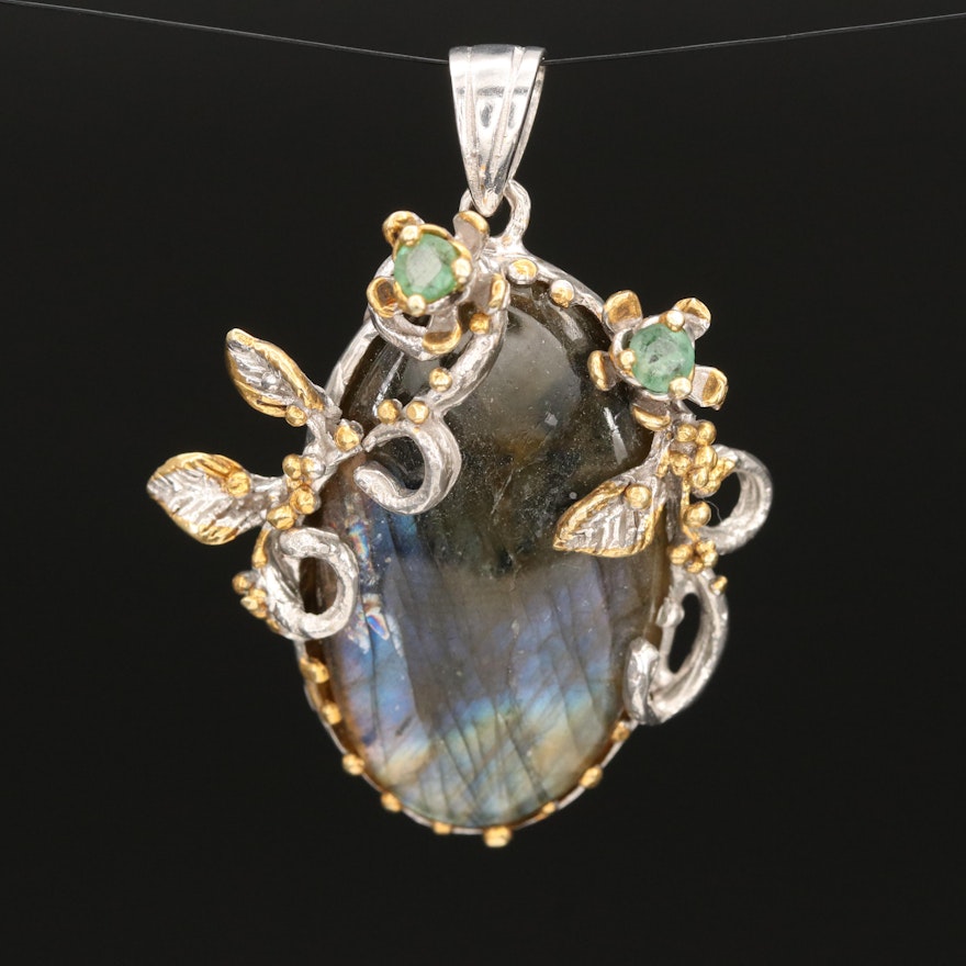 Sterling Labradorite and Emerald Pendant with Foliate Detail