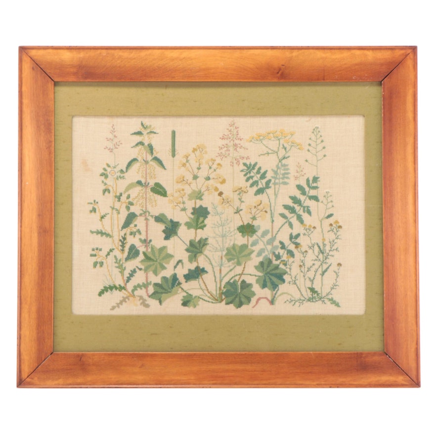 Floral Cotton Cross-Stitch Wall Hanging, Early 20th Century
