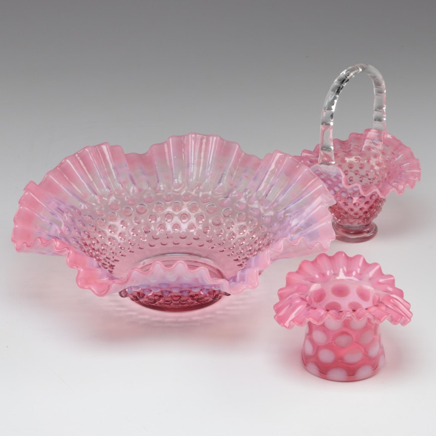 Pink Hobnail Handled Basket, Centerpiece Bowl and Coin Dot Toothpick Holder