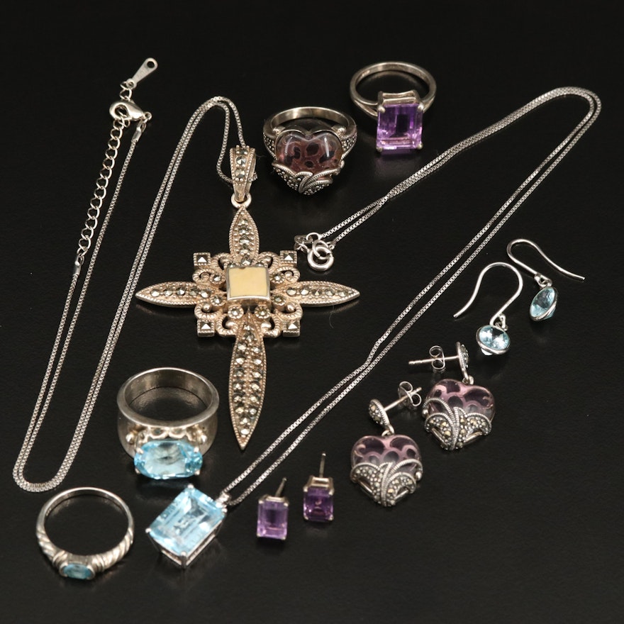 Sterling Jewelry Selection with Cross Pendant Necklace and West-East Rings