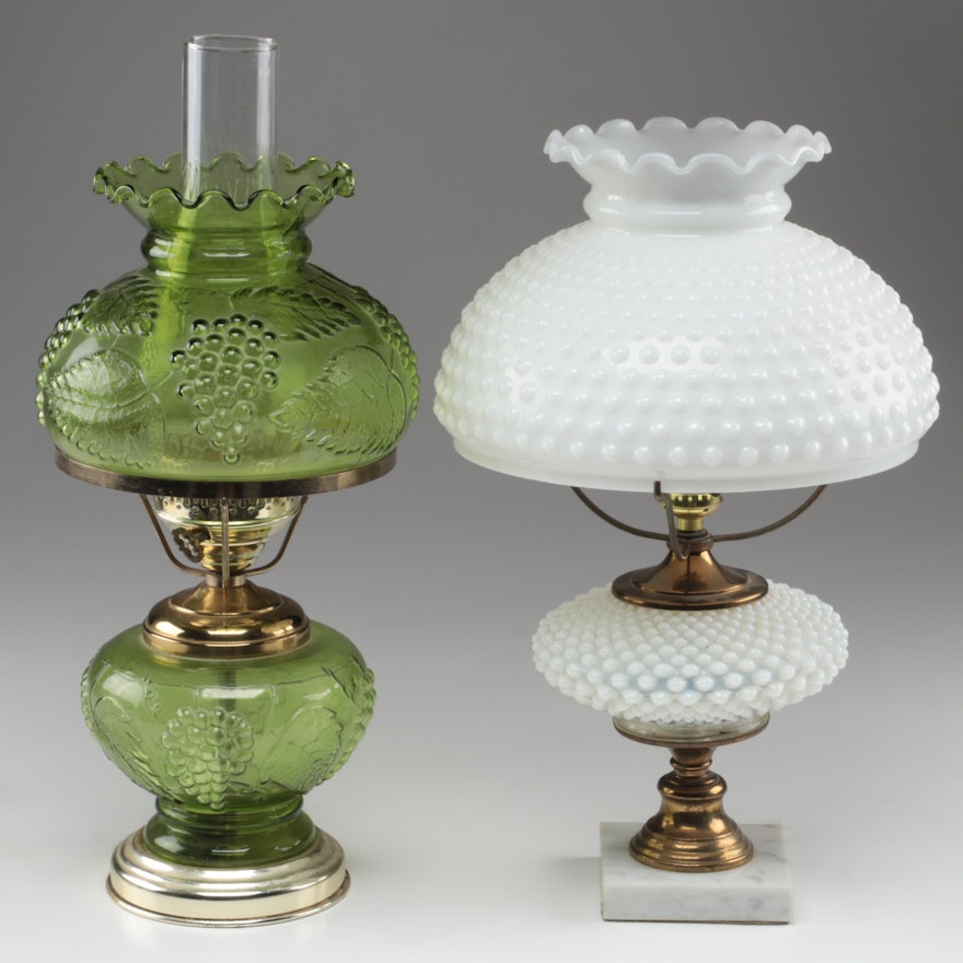 Milk Glass Hobnail and Grape Vine Motif Green Glass Table Lamps, Mid-20th C.