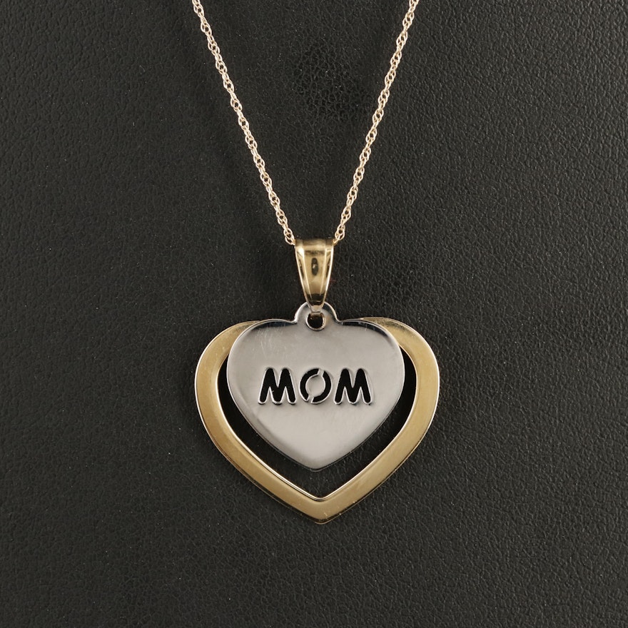 14K Two-Tone 'Mom' Heart Pendant Necklace