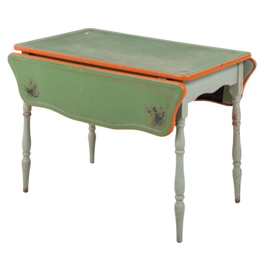 American Green-Painted and Enamel Top Drop-Leaf Kitchen Table, circa 1930