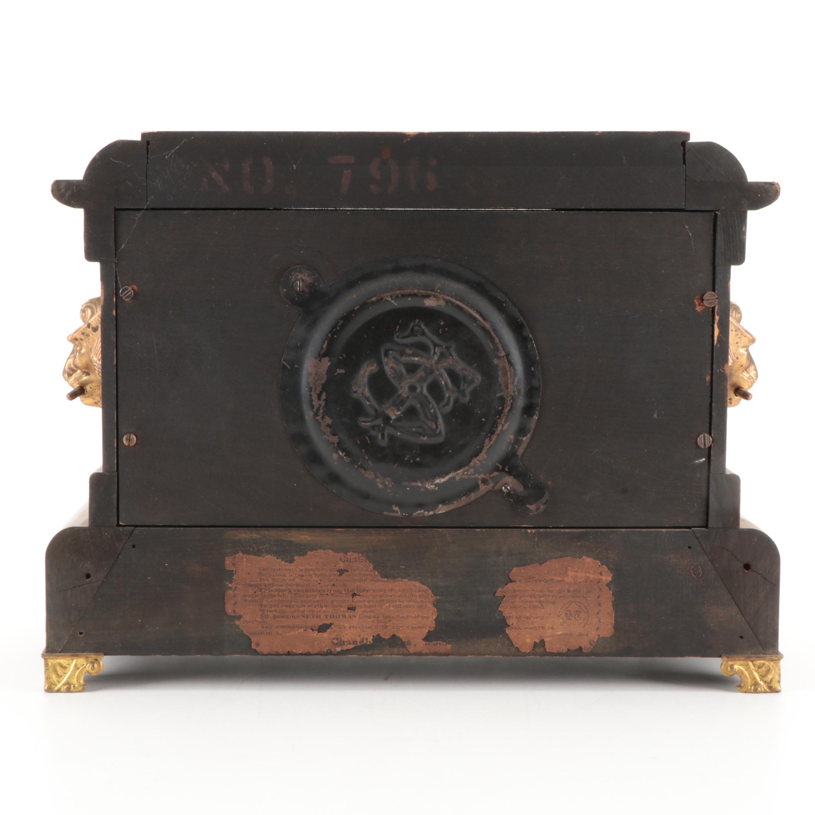 Seth Thomas Adamantine Lions Head Mantel Clock, Late 19th/ Early 20th C.