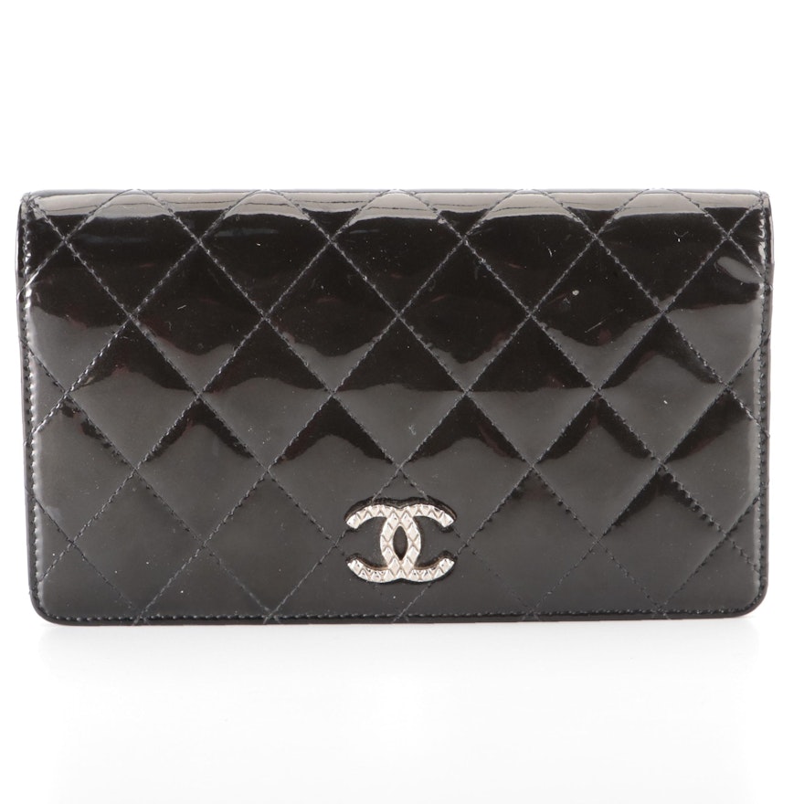 Chanel CC Long Wallet in Quilted Matelassé Black Patent Leather with Box