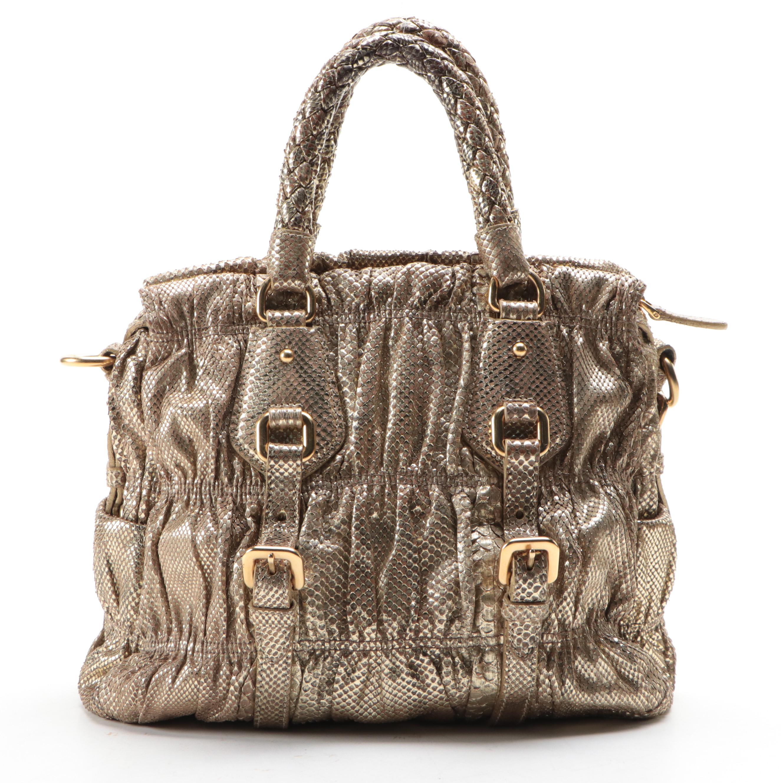 Prada Small Convertible Braided-Handle Gaufre Tote Bag in Metallic Gold Python