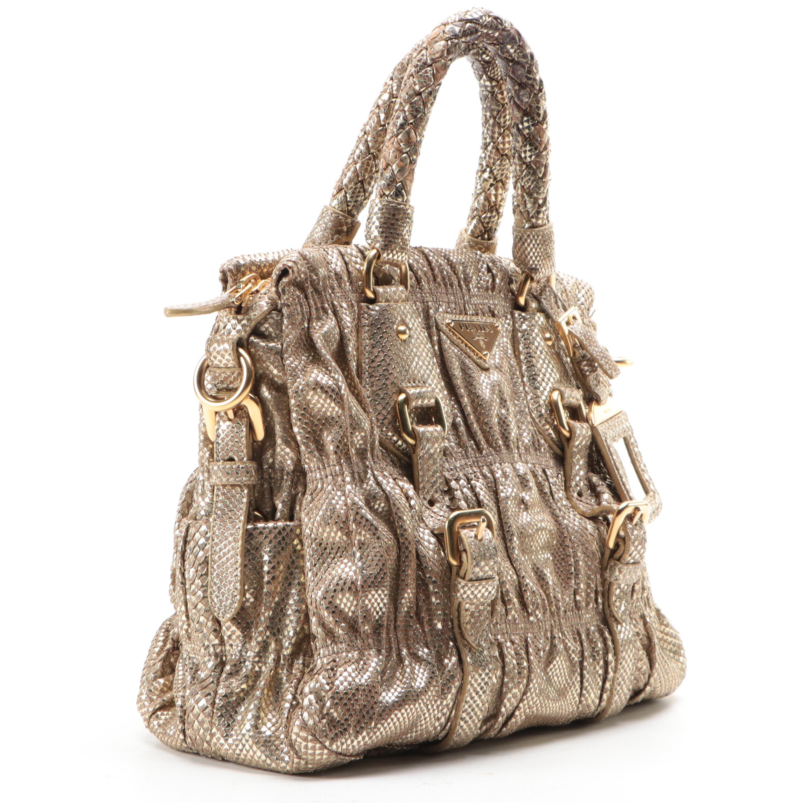 Prada Small Convertible Braided-Handle Gaufre Tote Bag in Metallic Gold Python
