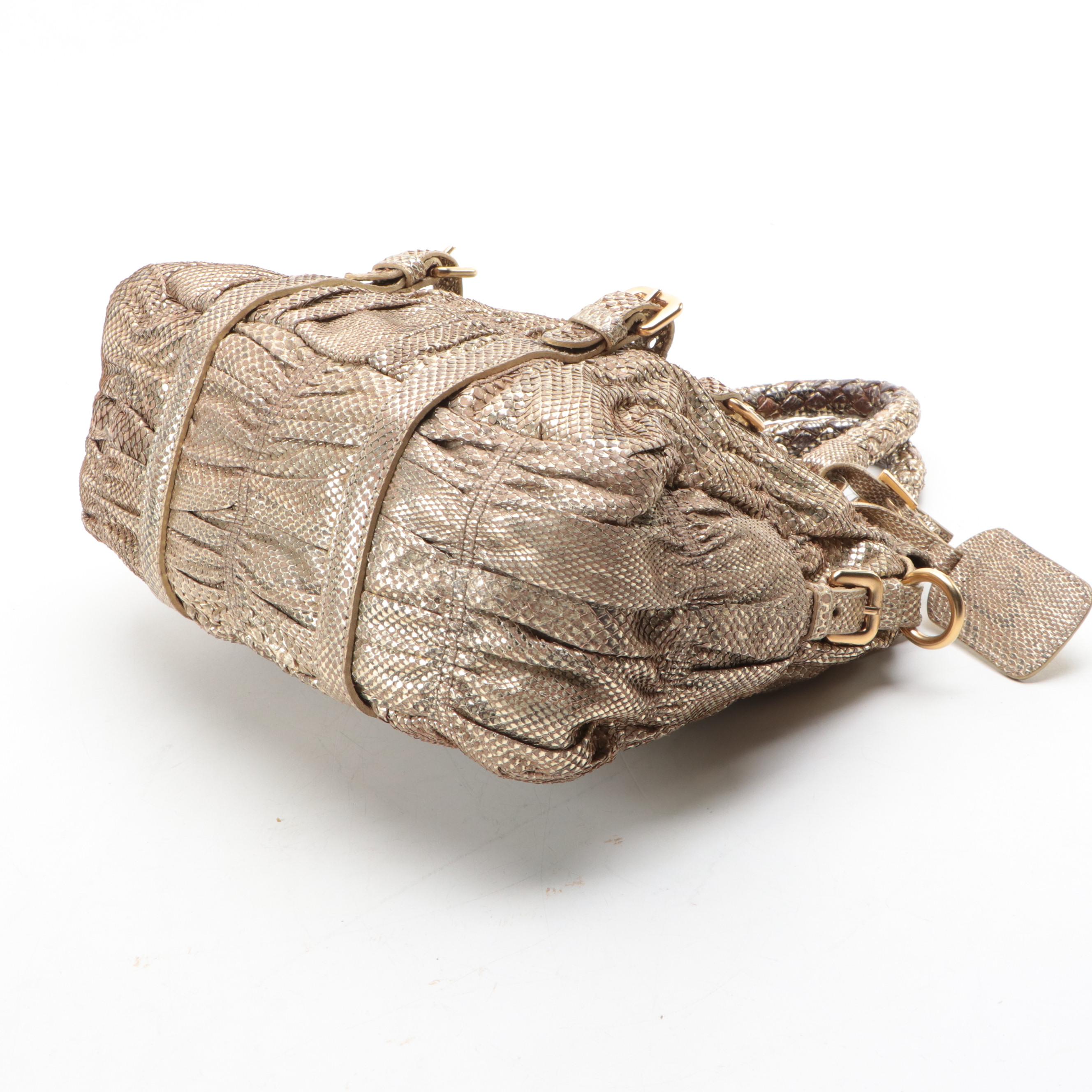 Prada Small Convertible Braided-Handle Gaufre Tote Bag in Metallic Gold Python