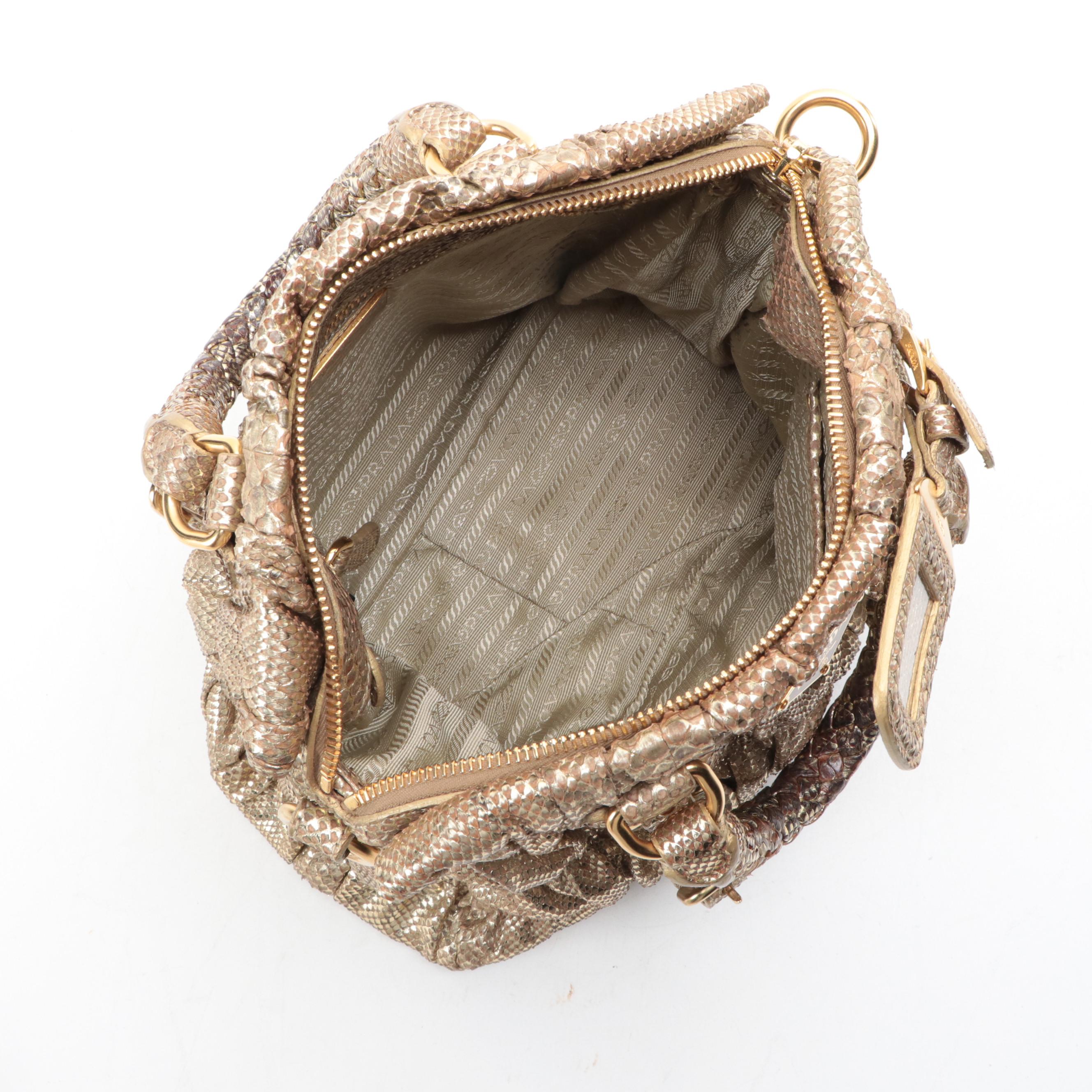 Prada Small Convertible Braided-Handle Gaufre Tote Bag in Metallic Gold Python