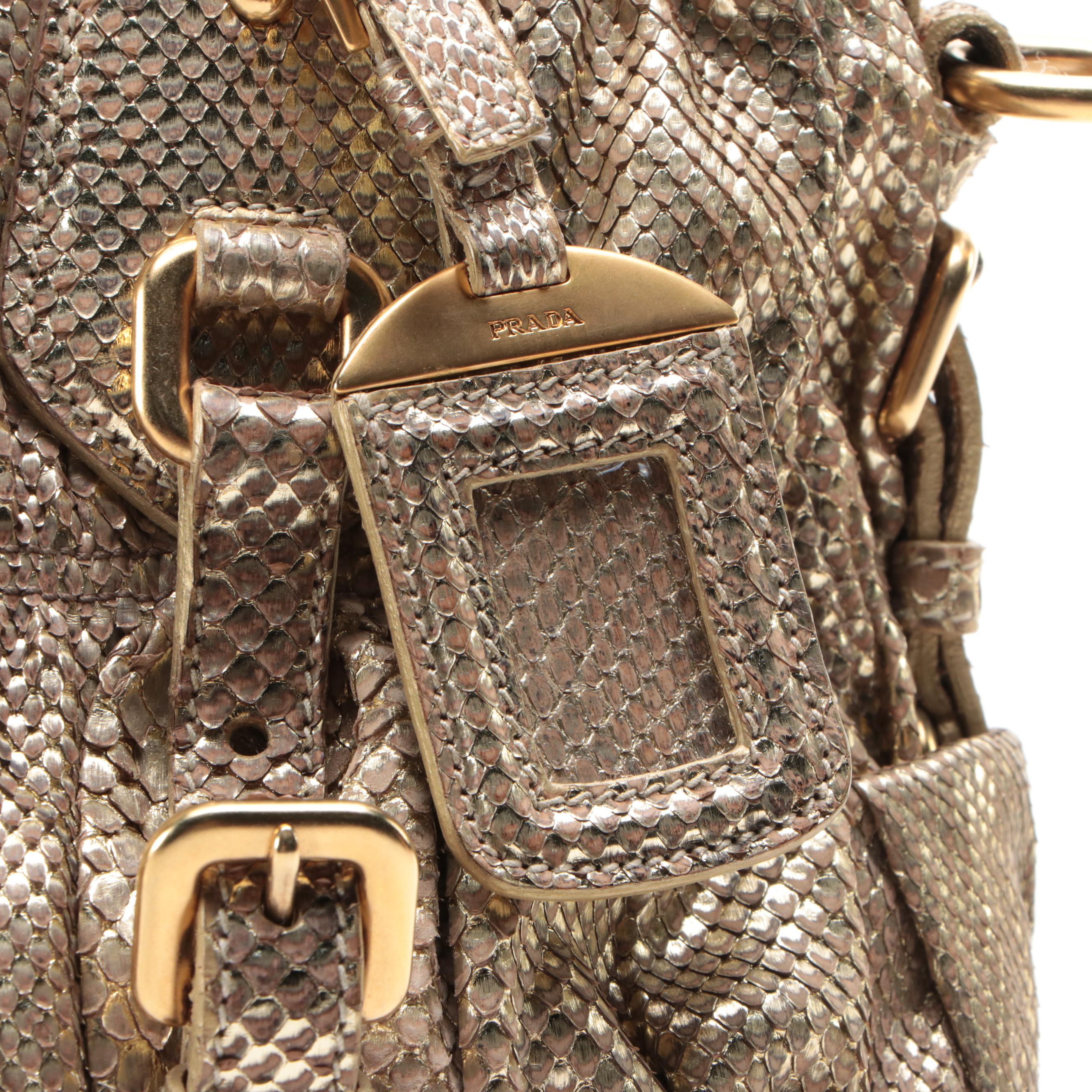 Prada Small Convertible Braided-Handle Gaufre Tote Bag in Metallic Gold Python
