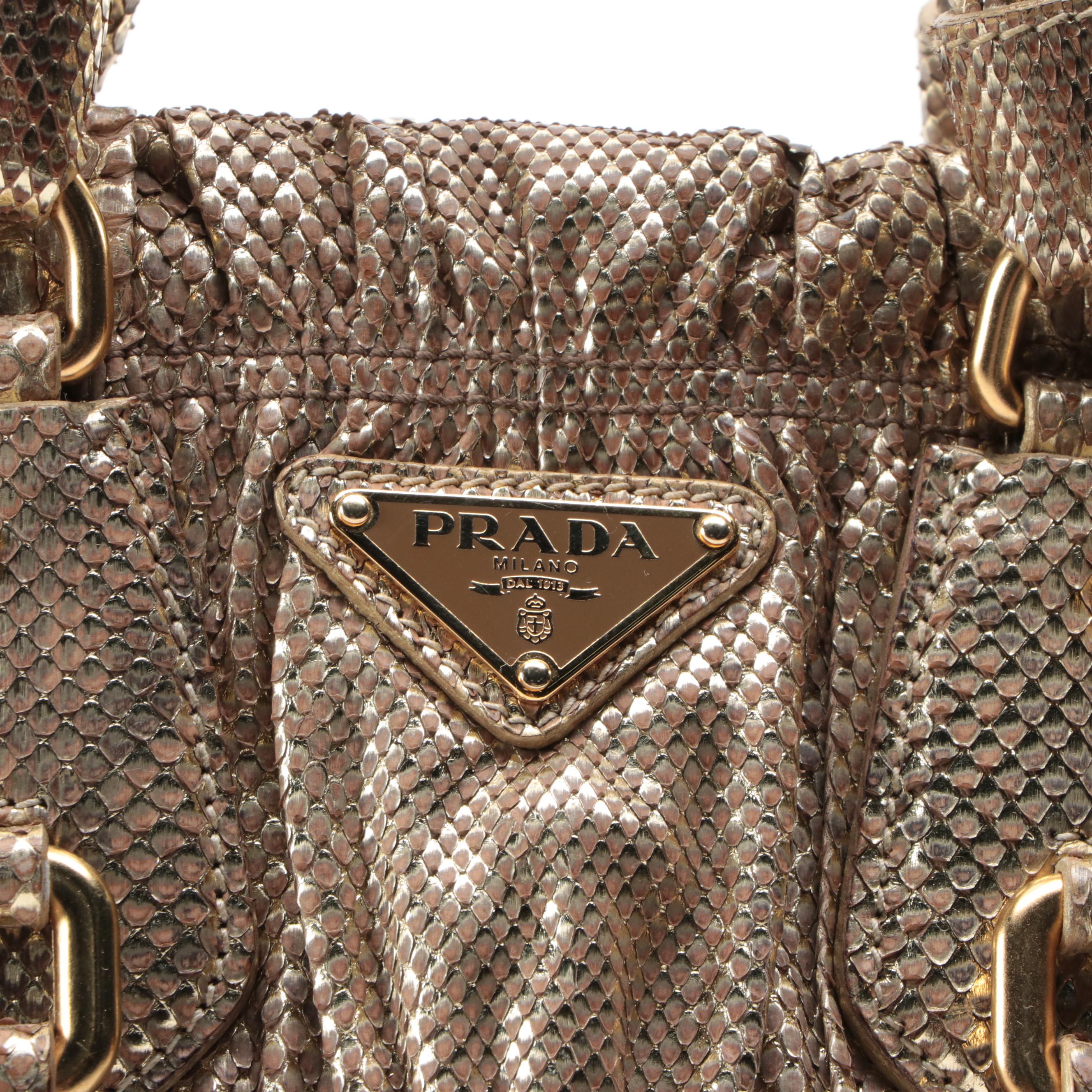 Prada Small Convertible Braided-Handle Gaufre Tote Bag in Metallic Gold Python