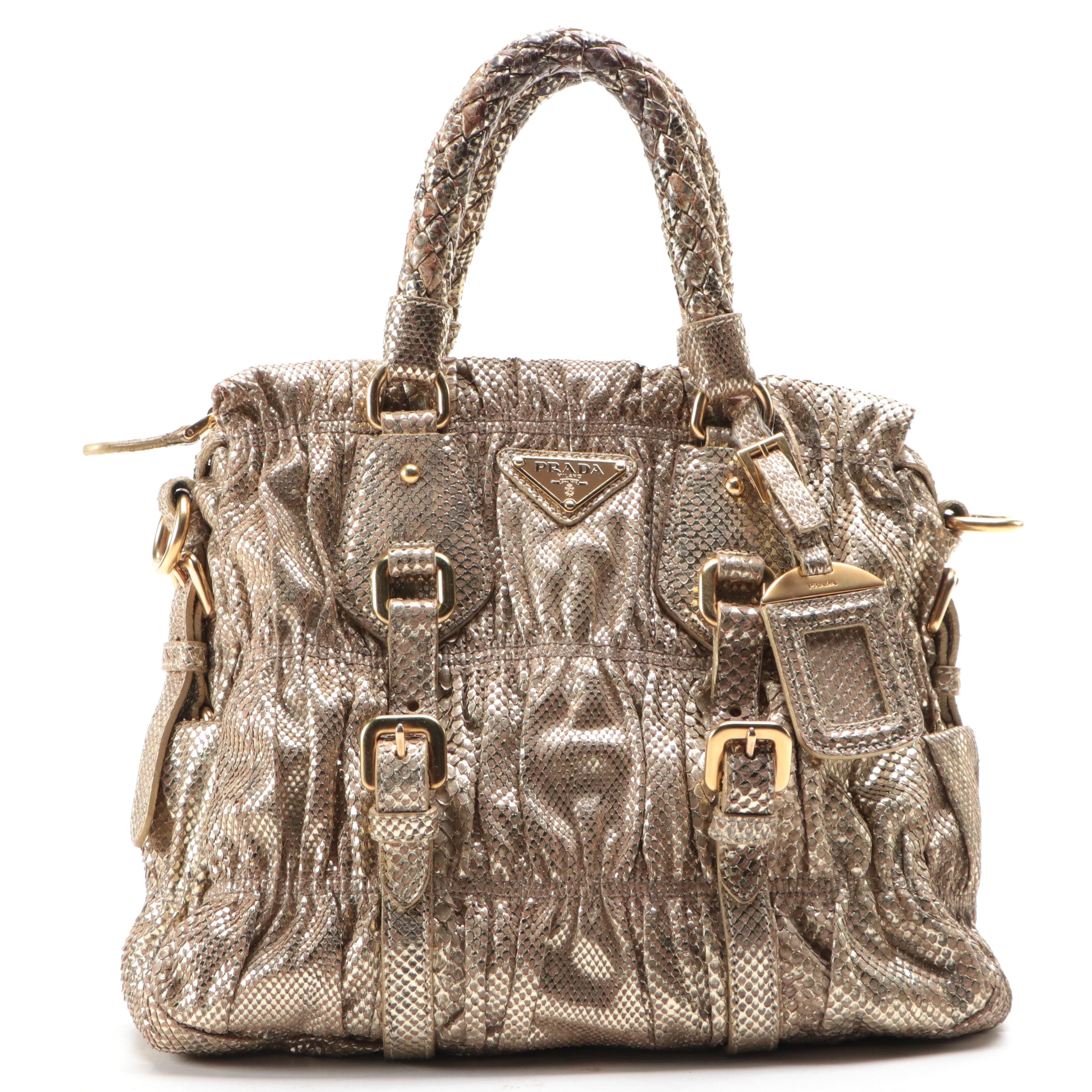 Prada Small Convertible Braided-Handle Gaufre Tote Bag in Metallic Gold Python