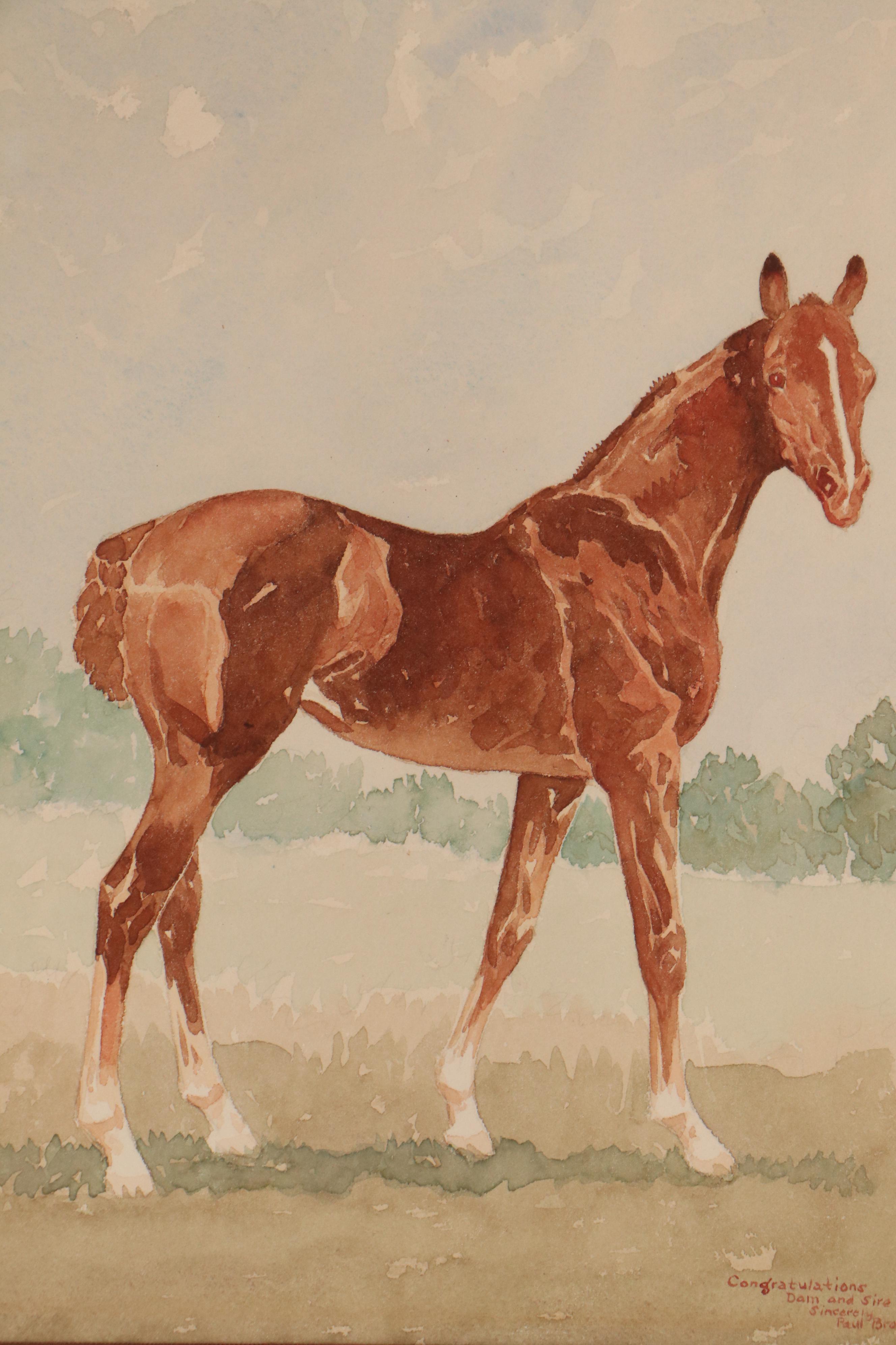 Paul Desmond Brown Color Pencil Drawing and Watercolor Painting of Horses