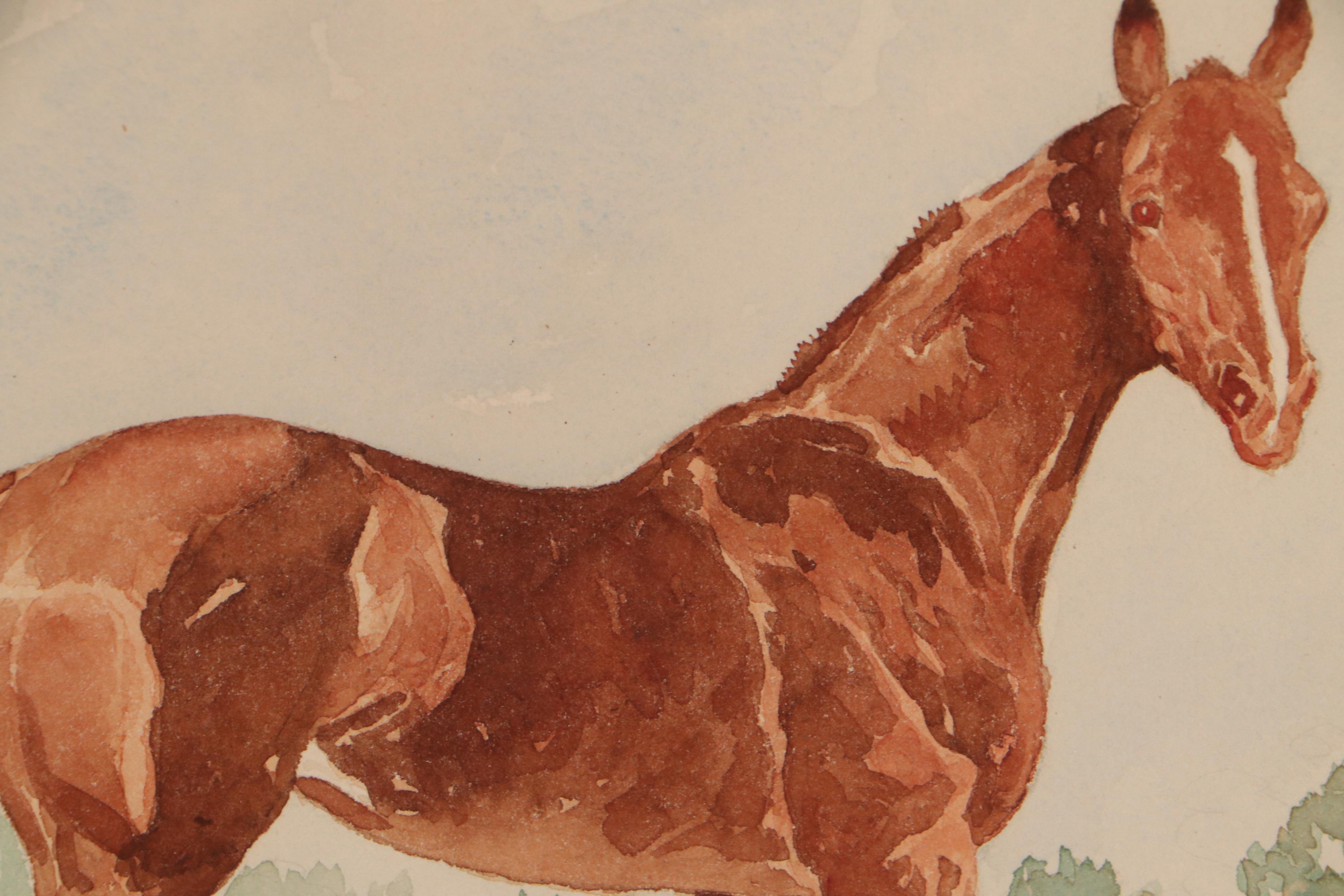Paul Desmond Brown Color Pencil Drawing and Watercolor Painting of Horses