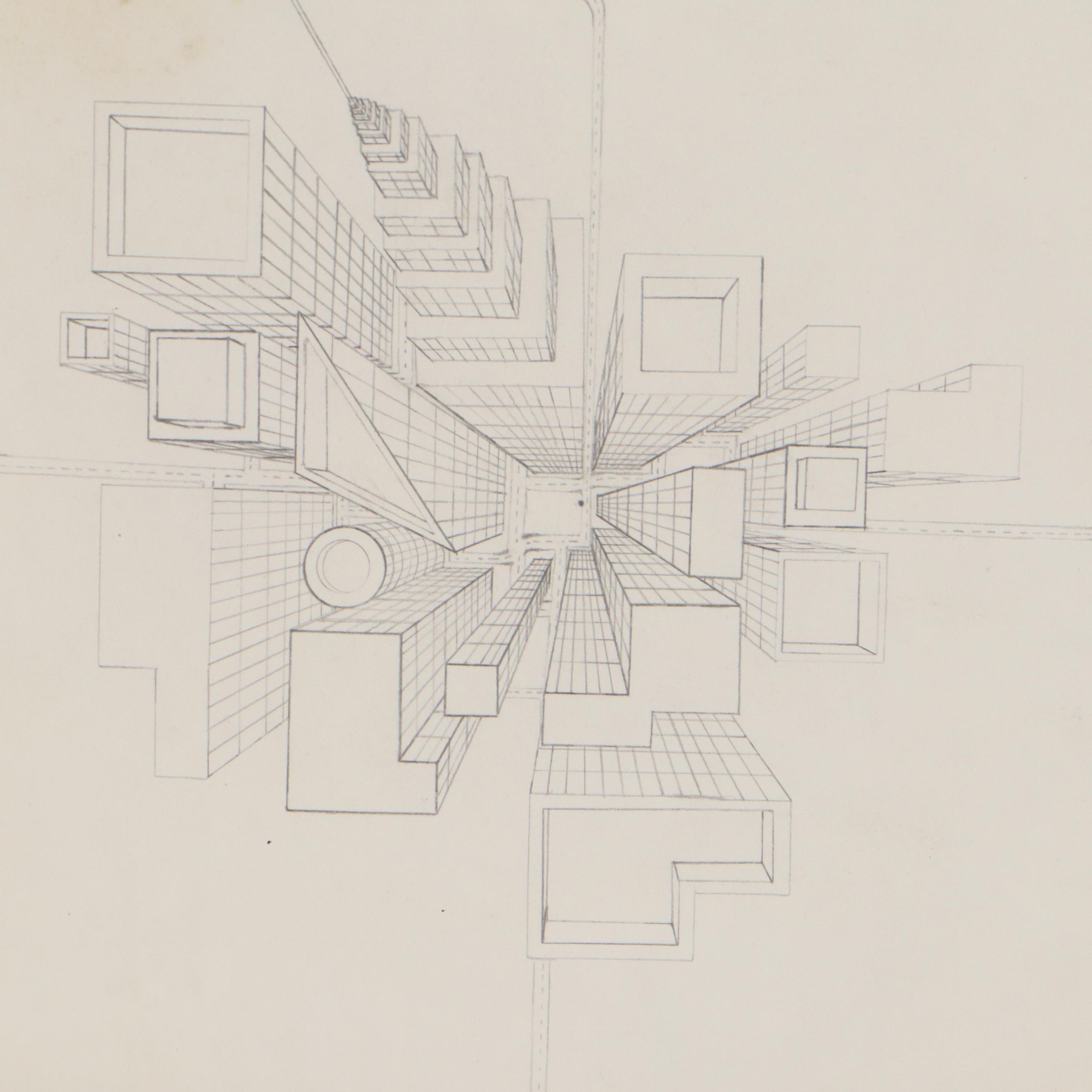 Graphite Aerial Perspective Drawing of Urban City, Late 20th Century