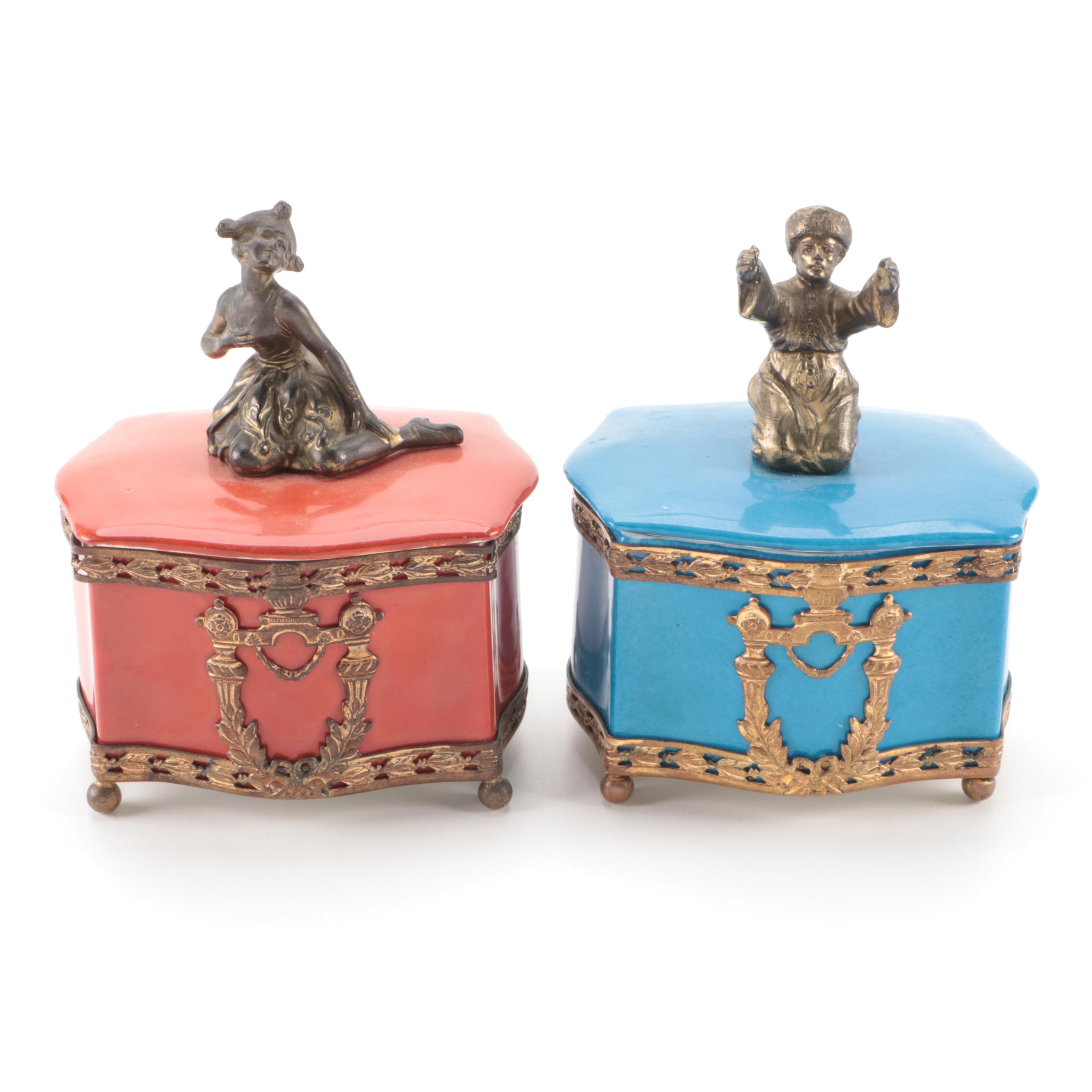 German Gilded Metal and Porcelain Vanity Boxes