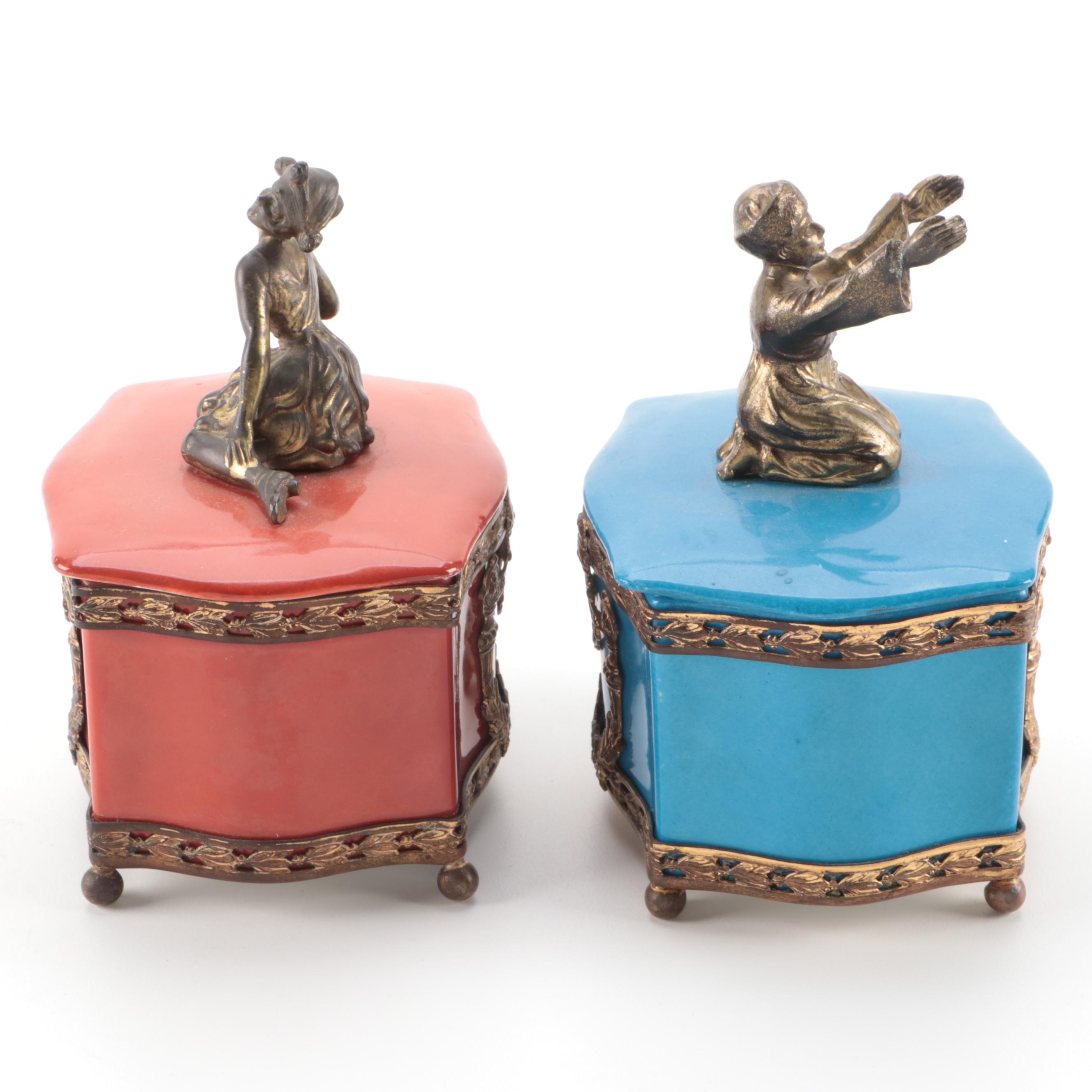 German Gilded Metal and Porcelain Vanity Boxes