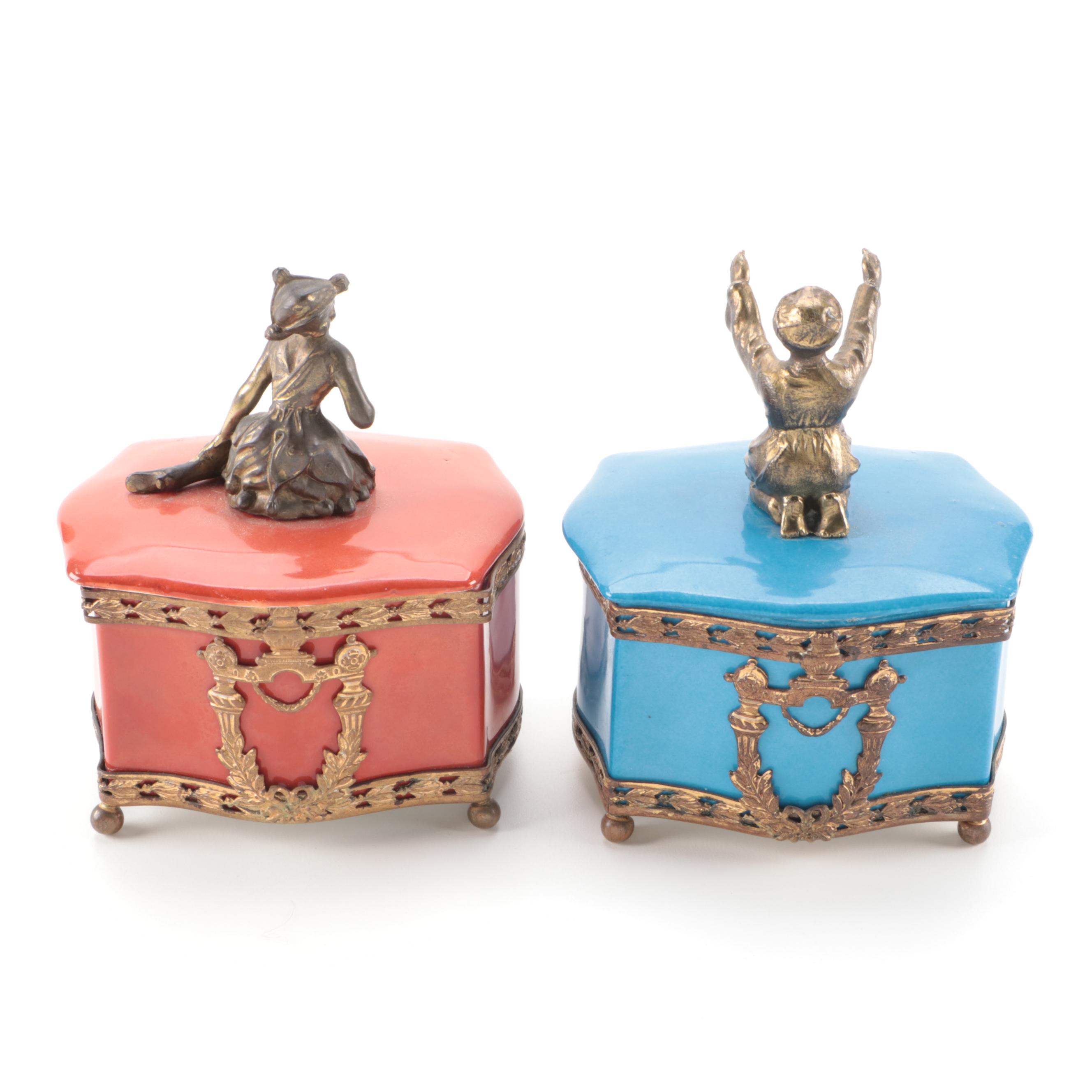 German Gilded Metal and Porcelain Vanity Boxes