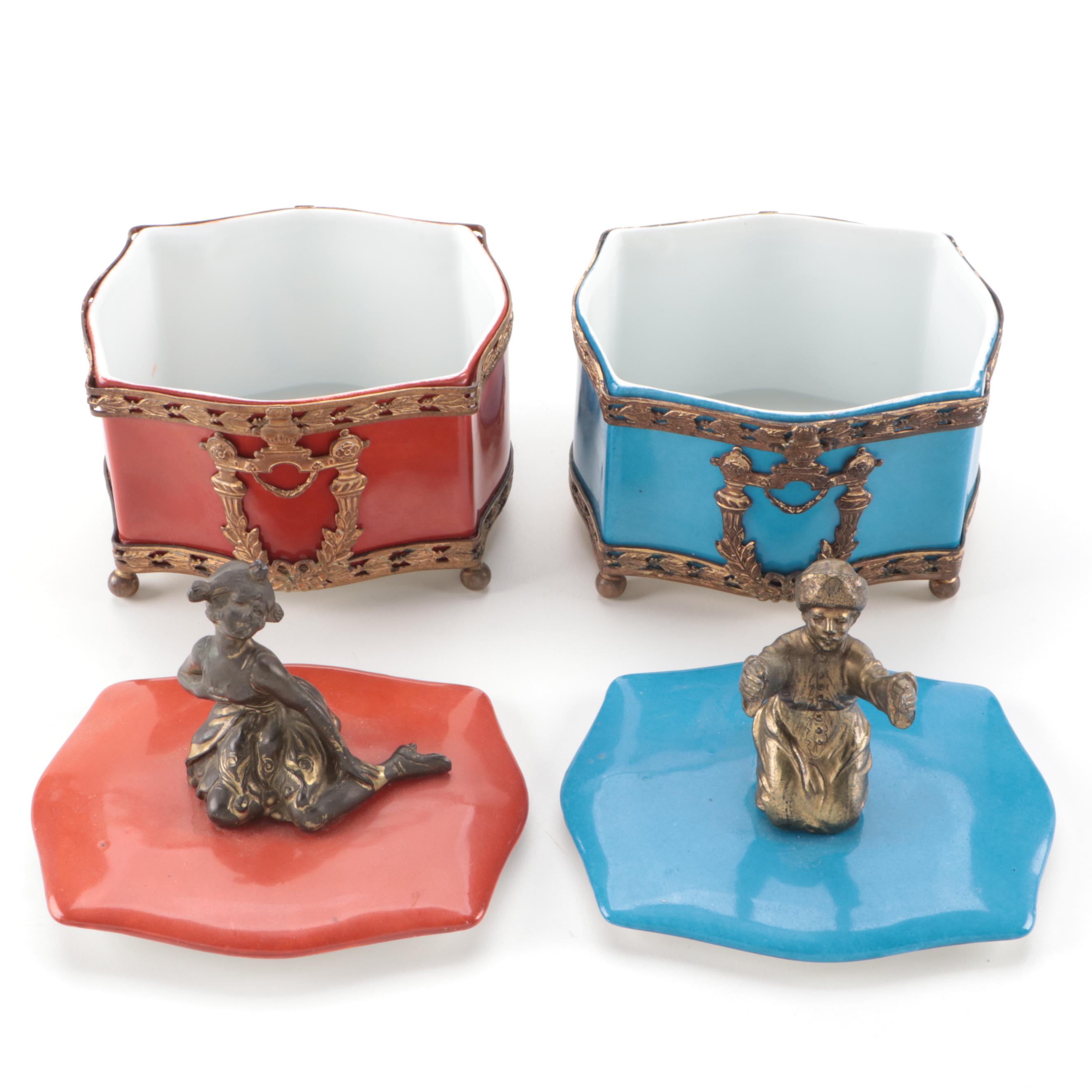 German Gilded Metal and Porcelain Vanity Boxes