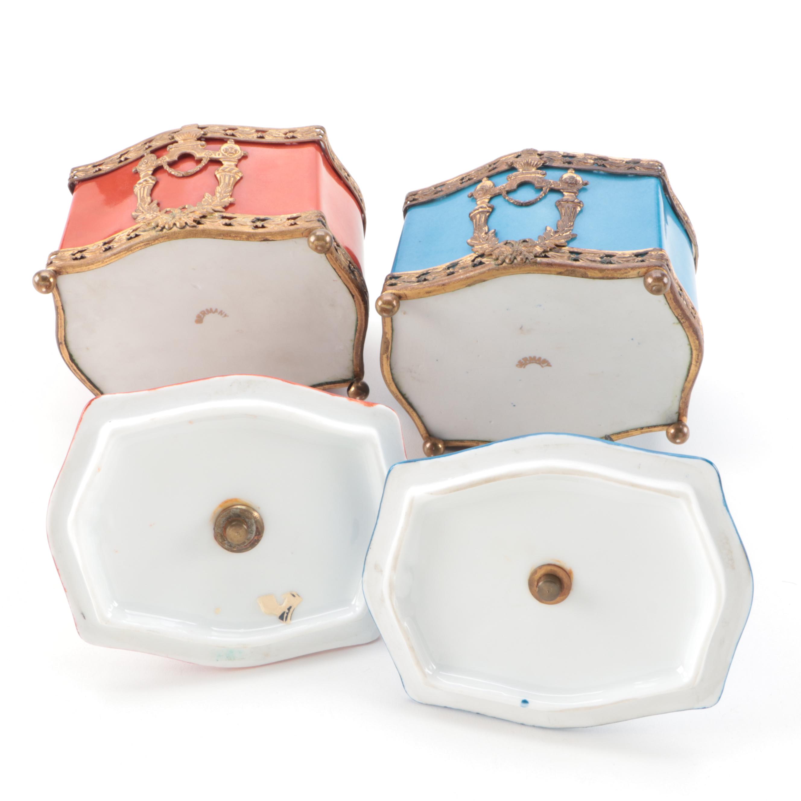 German Gilded Metal and Porcelain Vanity Boxes