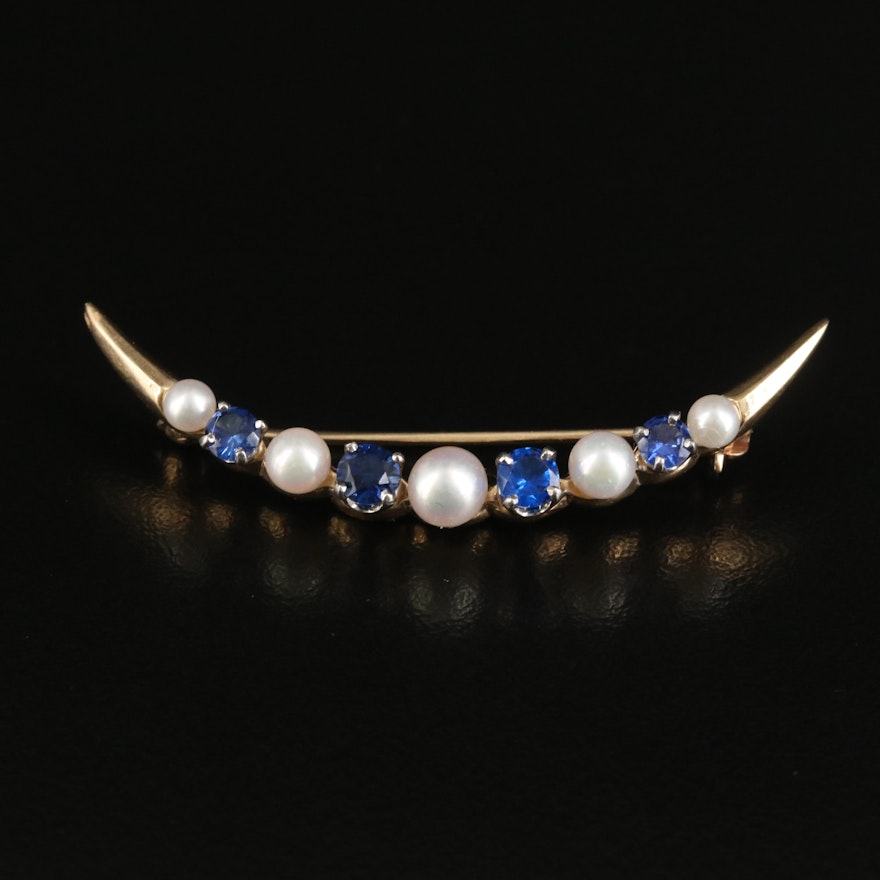 1930s 14K Pearl and Sapphire Crescent Moon Brooch with Palladium Accents