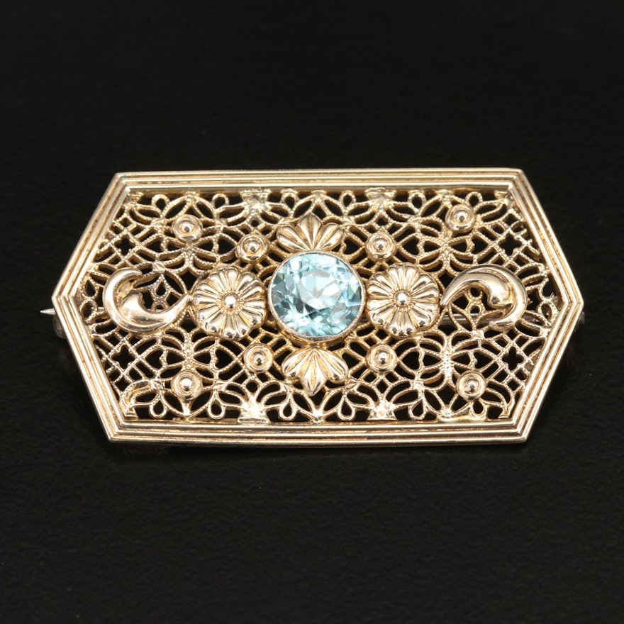 Vintage Sterling Zircon Filigree Brooch with 12K Accent