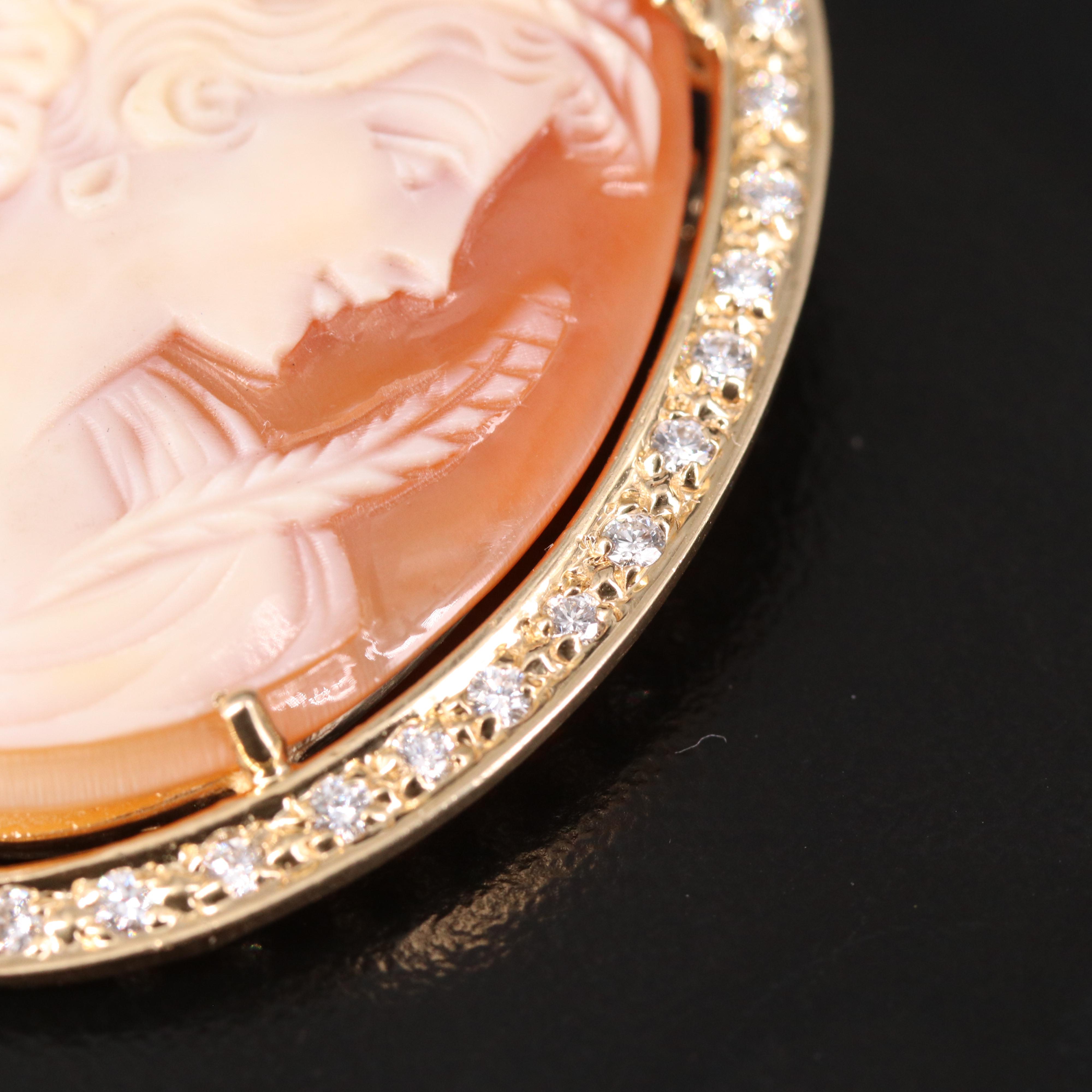 Vintage 14K Shell Cameo in Diamond Frame Brooch