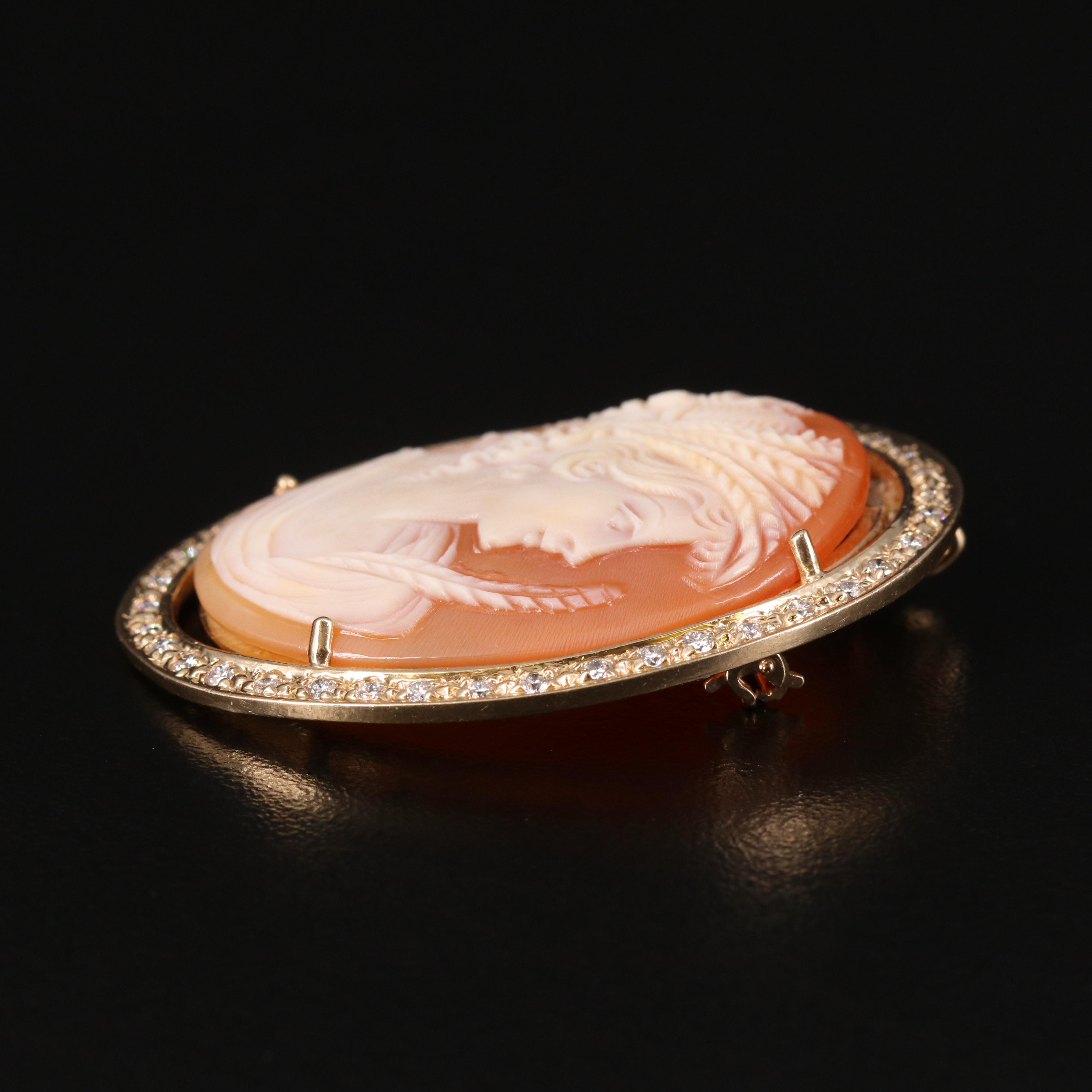 Vintage 14K Shell Cameo in Diamond Frame Brooch