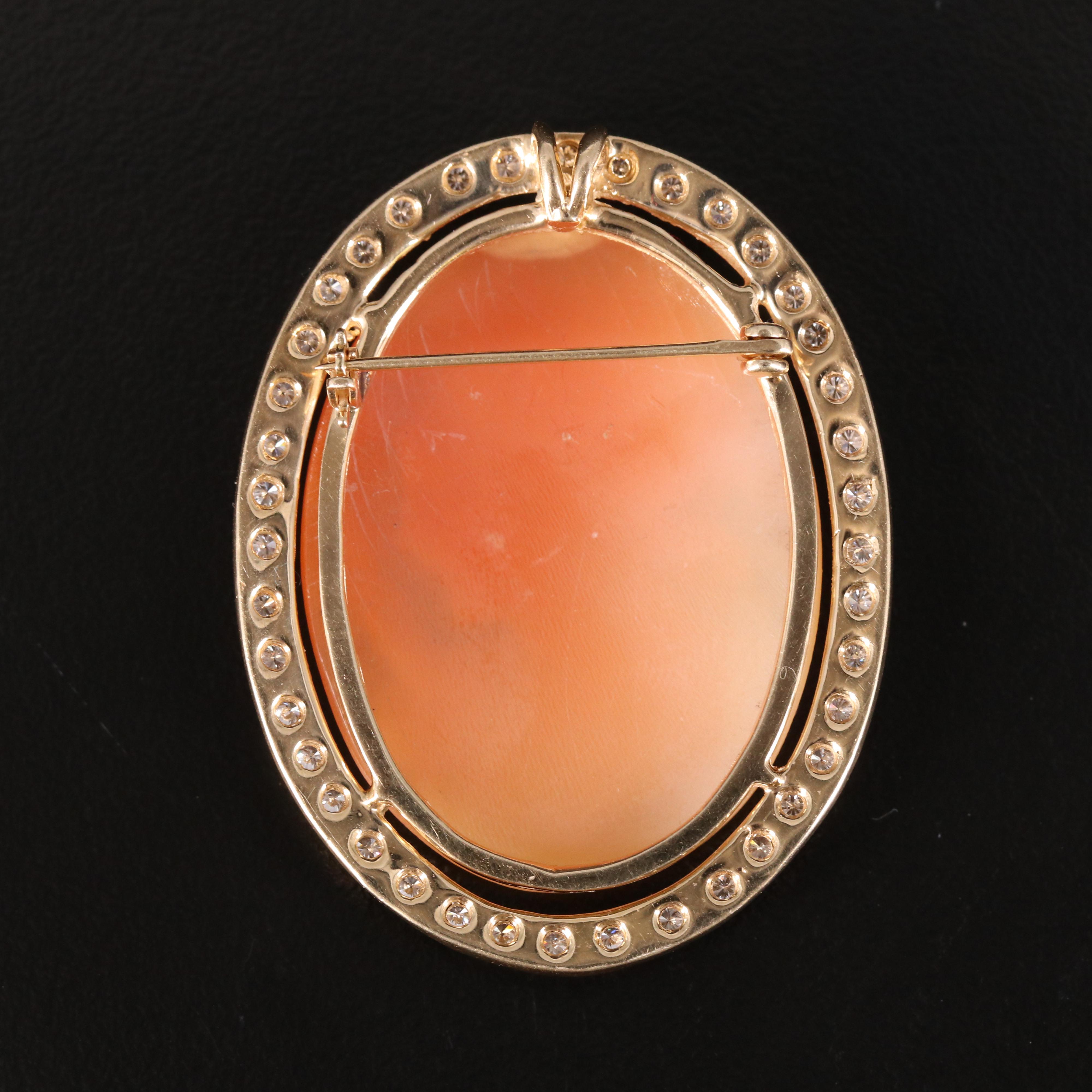 Vintage 14K Shell Cameo in Diamond Frame Brooch
