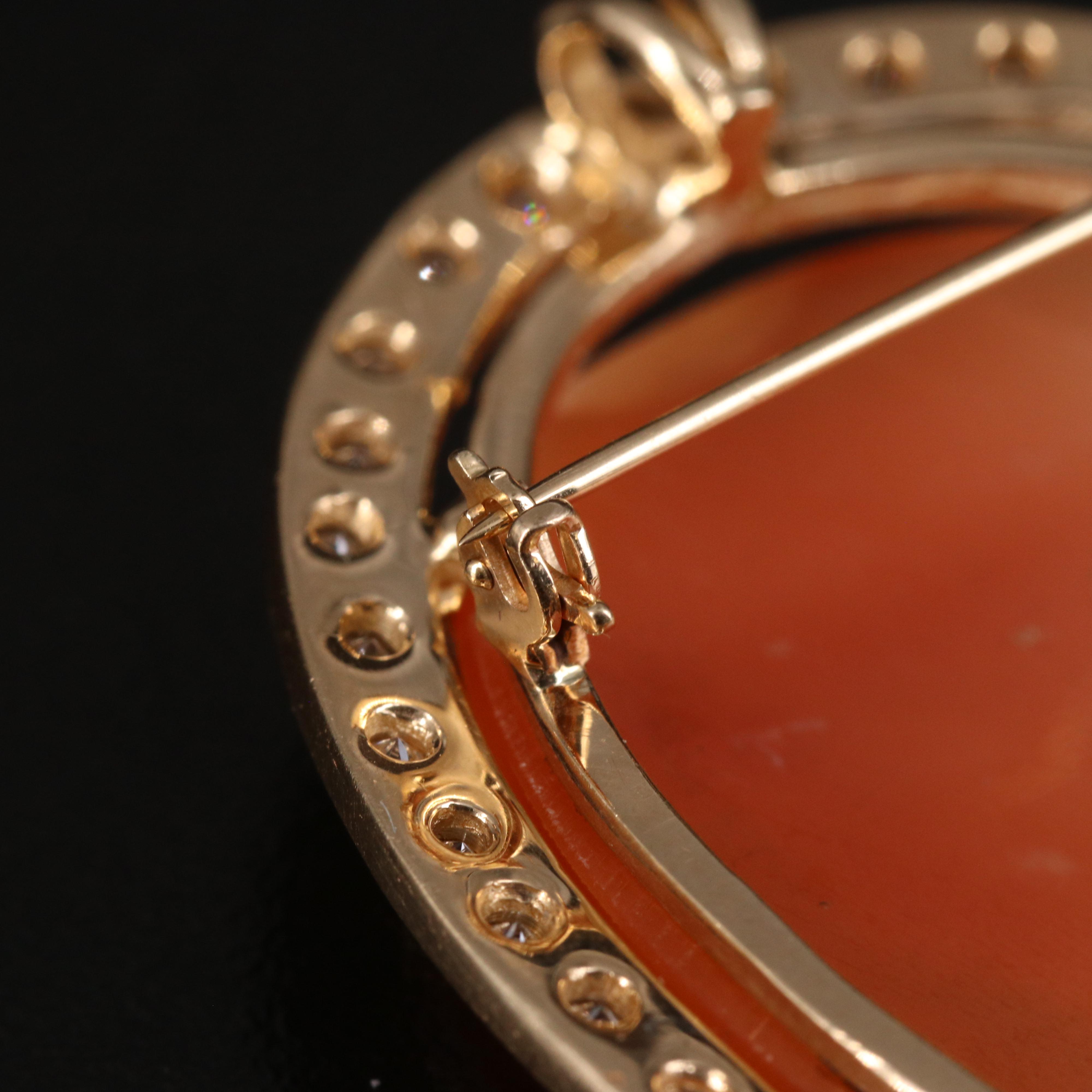 Vintage 14K Shell Cameo in Diamond Frame Brooch