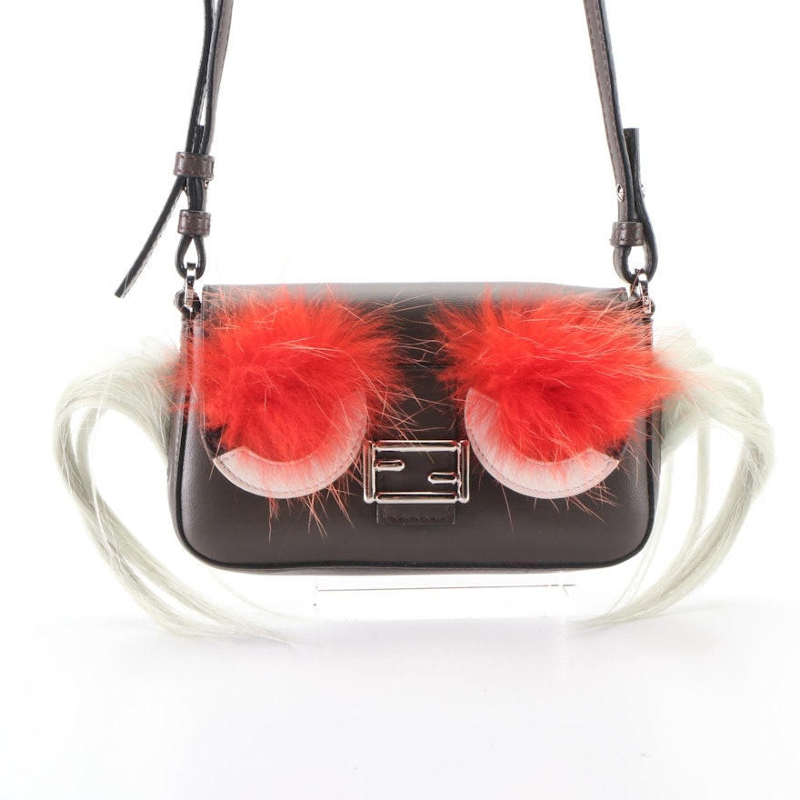 Fendi Mini Monster Crossbody Bag in Brown Lambskin, Goat Fur, and Tanuki Fur