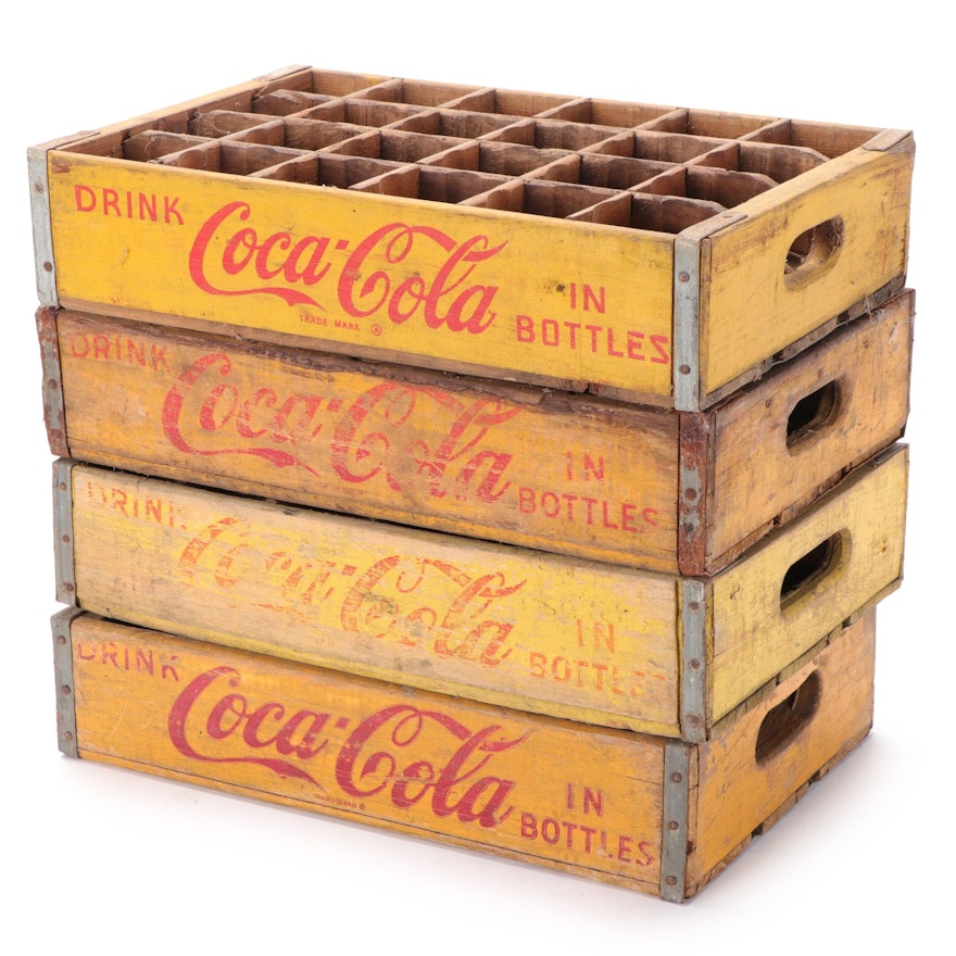 Coca-Cola Wooden Soda Pop Bottle Advertising Crates, Mid-20th Century