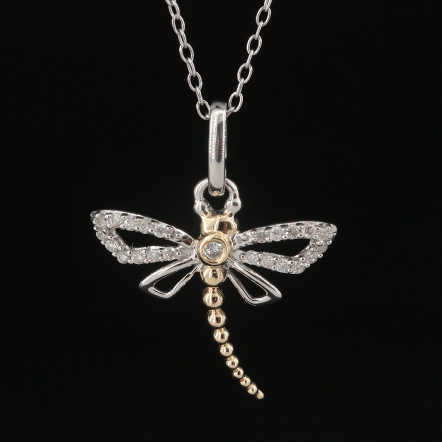 Sterling Diamond Dragonfly Pendant Necklace with 14K Accent