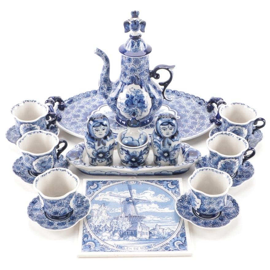 Gzhel Style Russian Porcelain Tea Set and Tableware with Delft Tile