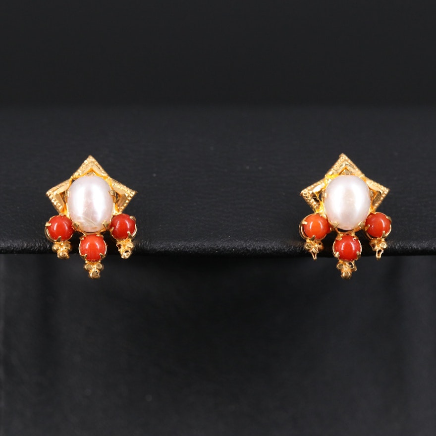 18K Pearl and Coral Earrings