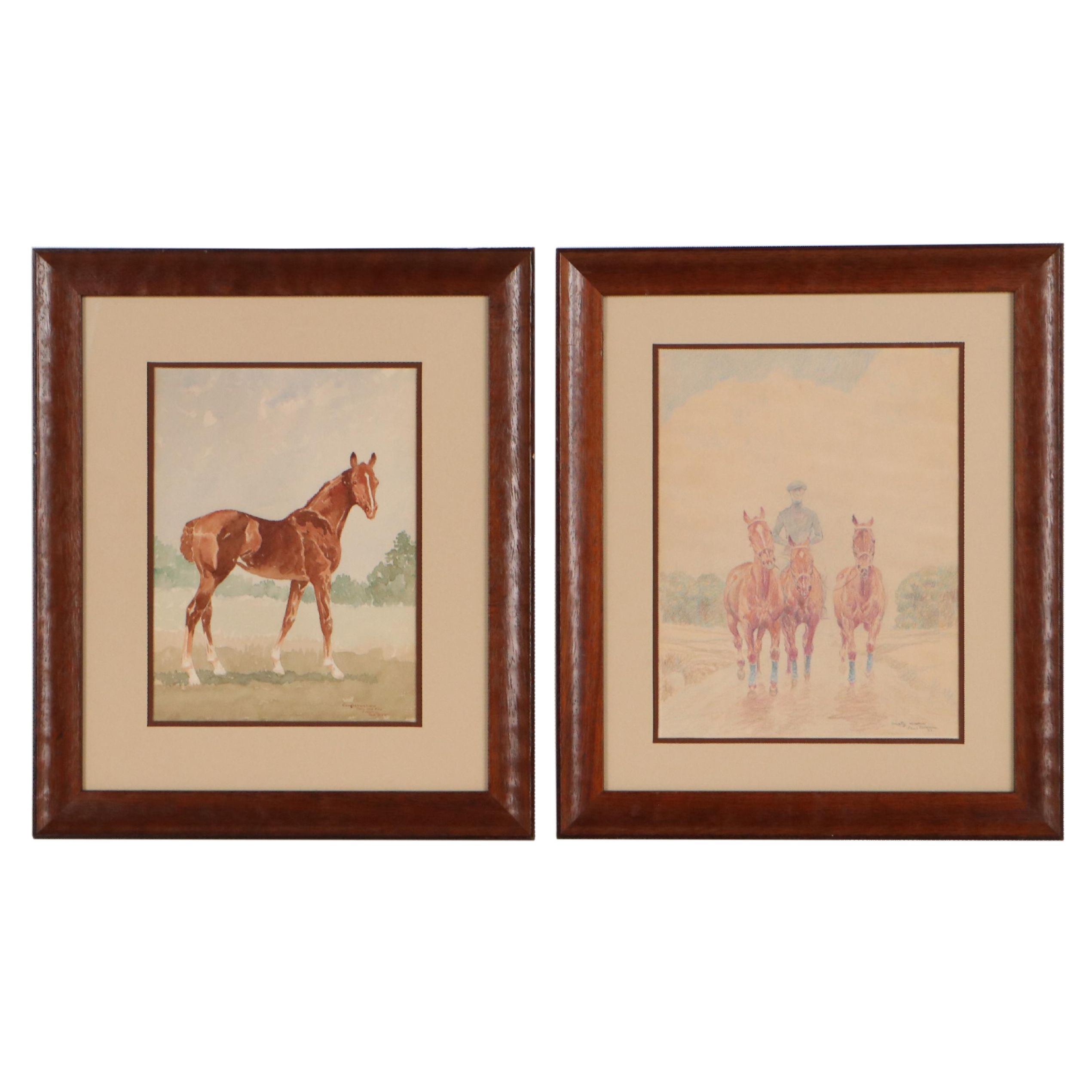 Paul Desmond Brown Color Pencil Drawing and Watercolor Painting of Horses