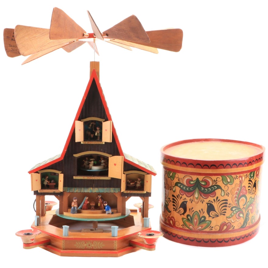 German Advent Candle Pyramid, Russian Belomorskie Uzory Folk Art Box