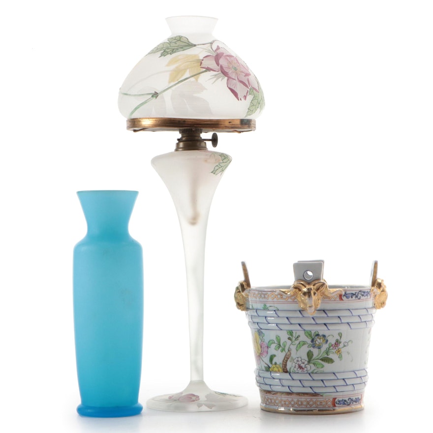 Satin Glass Oil Lamp, Schierholz Ceramic Planter and Cased Glass Vase, 20th C.