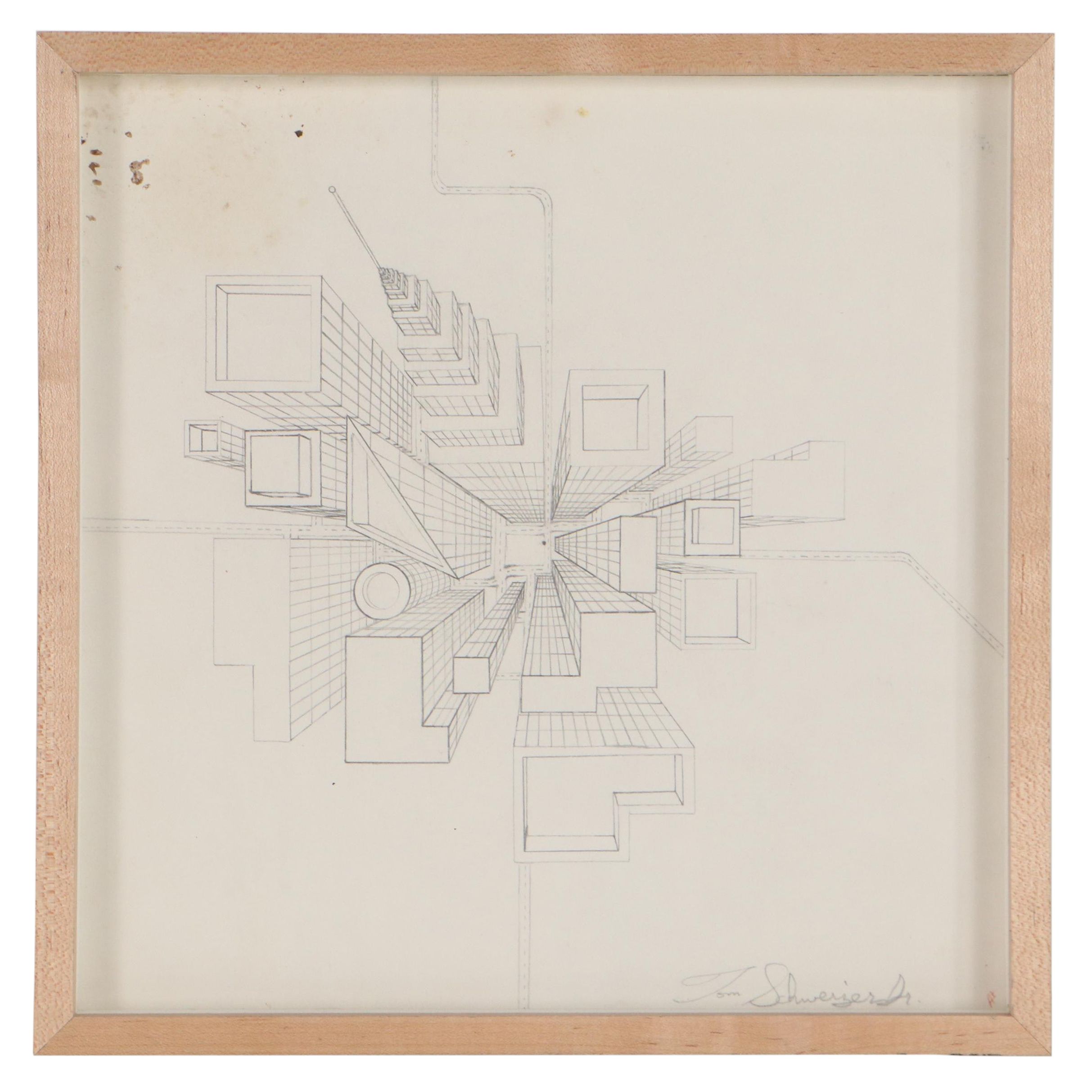 Graphite Aerial Perspective Drawing of Urban City, Late 20th Century