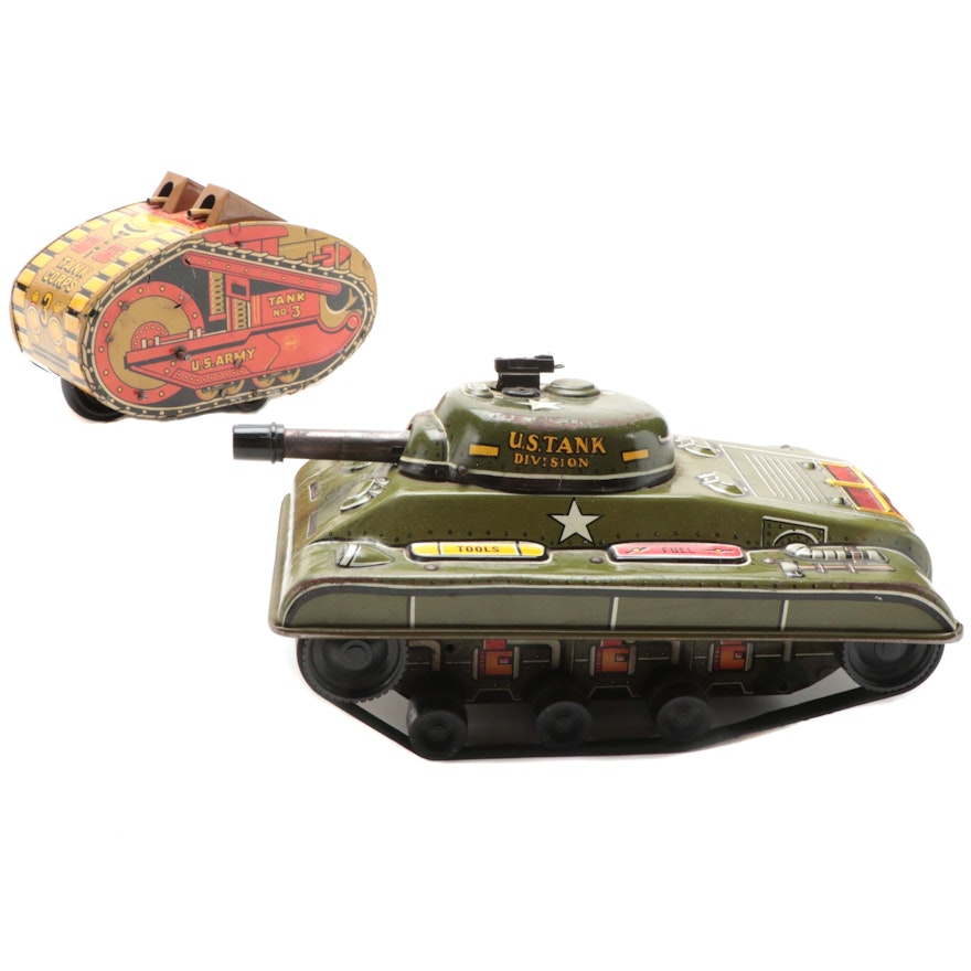 Marx Toys Tin Lithograph US Army Tanks, Mid-20th Century